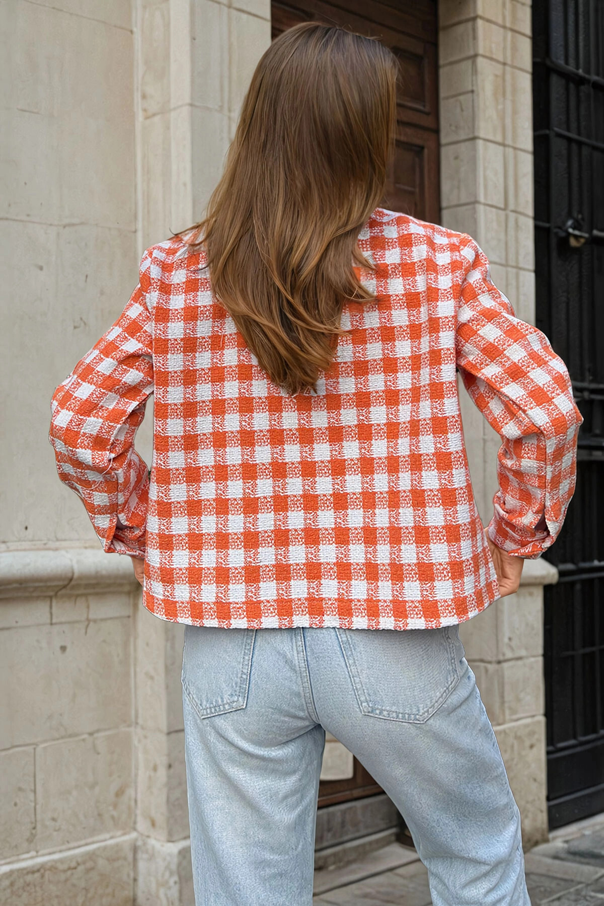 bacc-Women's Orange Buttoned Pocket Crop Jacket Shirt Bcbsk-25700-3540 2