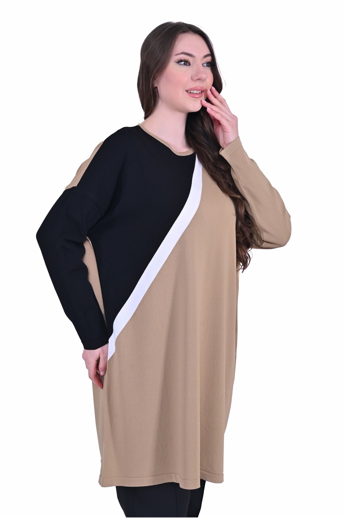 Invee-Invee 7048 Camel Color Block Knitwear Tunic 2