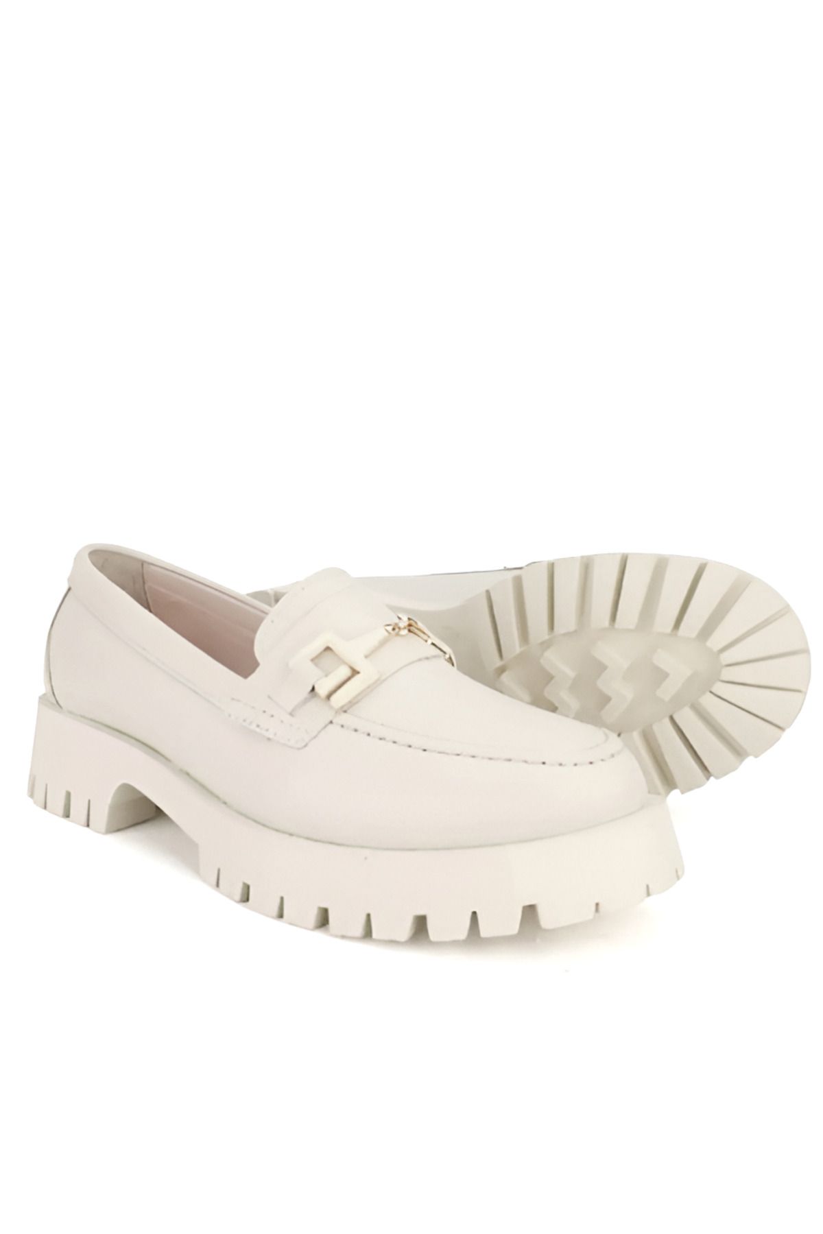 Beety-4254 Genuine Soft Leather Beige Buckle Women's Loafer Shoes 2