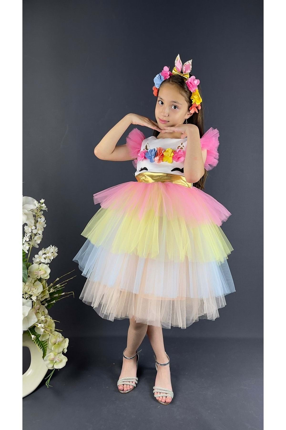 Mnk-Colorful Sequined Buckle Girl's Party Dress White 3