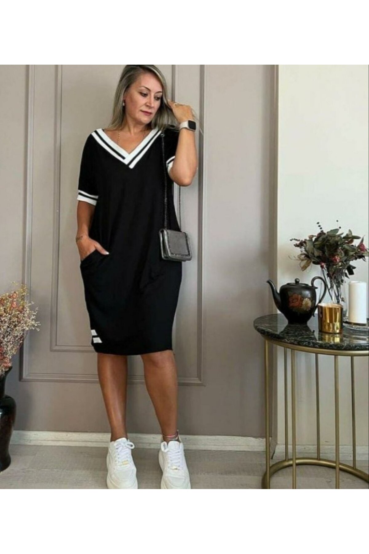 Miracle Omni-Women's Short Sleeve V-Neck Rib Detailed Pocket Knee Length Viscose Dress 3