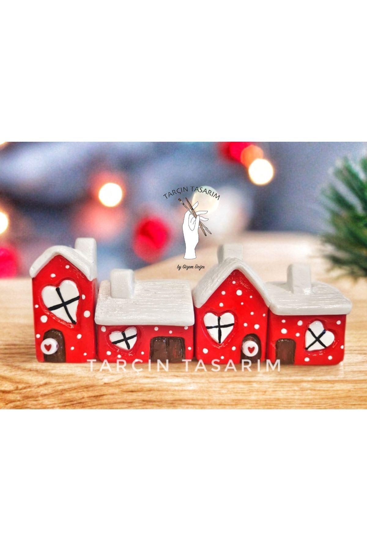 teknotrust El Yapımı,4'lü Mini Kırmızı Evler,Ev,Dekor,Biblo,Yeni Yıl,Sevgililer Günü,(HANDMADE)