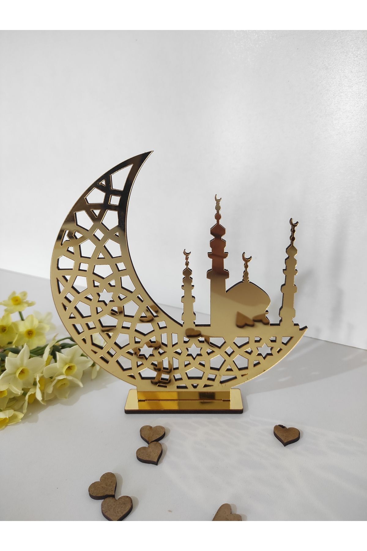 teknotrust CAMİ VE HİLAL DETAYLI GOLD PLEKSİLİ MASA SOFRA ÜNİTE SÜSÜ DEKORATİF AYAKLI RAMAZAN DEKORU 15X15 C