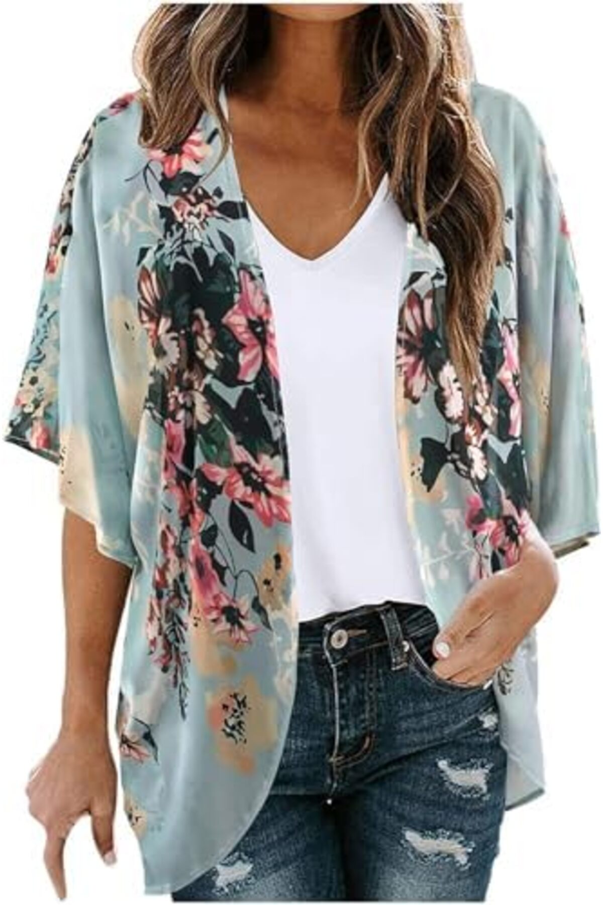 كارديجان كيمونو صيفي فضفاض طويل للنساء من بونكا (أزرق فاتح مزهر)