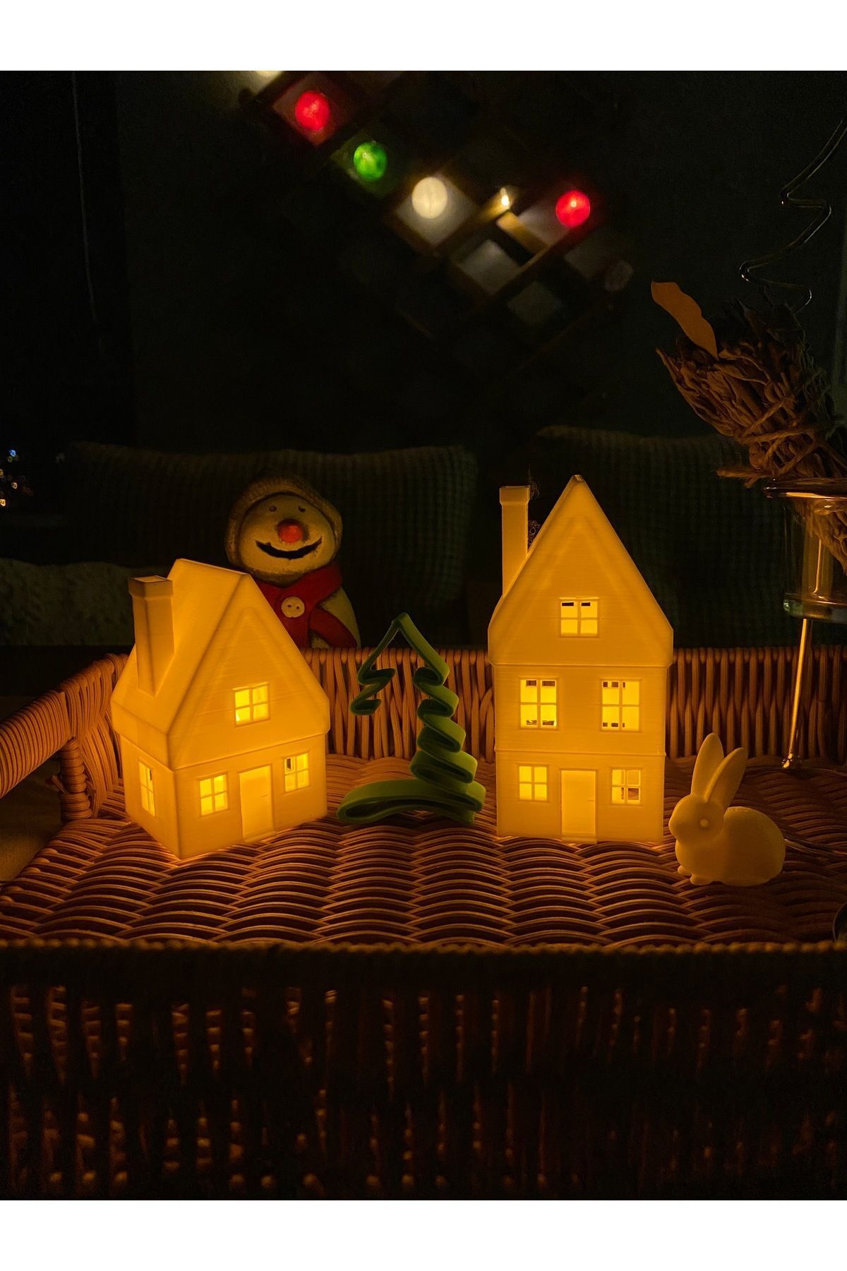 teknotrust Kış Evleri Çam Ağaç Dekorlu 3lü Set Tealight Mumluk Noel Ev Set Tealight Mum ve Tavşan Hediyeli
