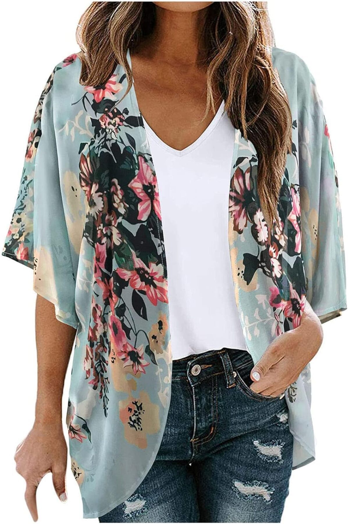 كارديجان كيمونو صيفي فضفاض طويل للنساء من بونكا (أزرق فاتح مزهر)