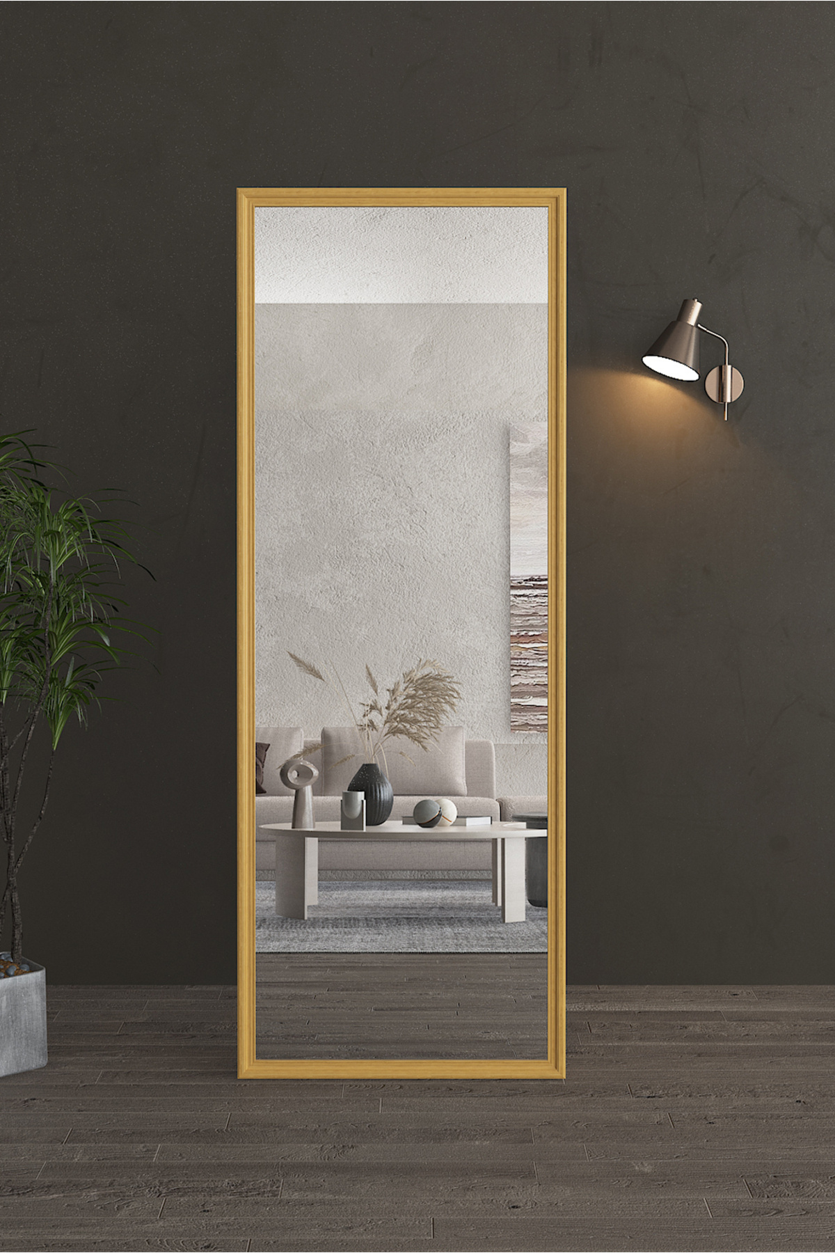 مرآة أرضية معدنية كاملة الطول بتصميم خشبي، مقاس 160×50 سم، بيج