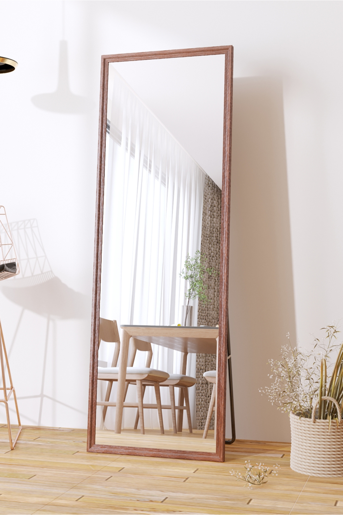 مرآة أرضية معدنية كاملة الطول بتصميم خشبي، لون بني، 160×50 سم