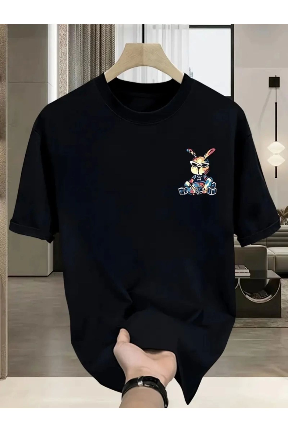 Albayrak Baskılı Oversize Bisiklet Yaka T-shirt - Siyah