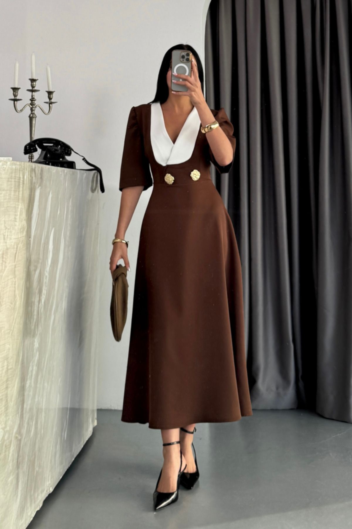 Femella Women Fashion TASARIM ELBİSE CEKET YAKA GOLD DÜĞME DETAYLI KISA KOL - Kahverengi