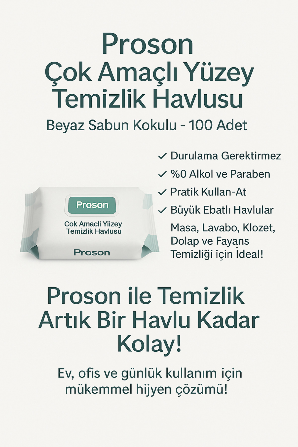 Proson Yüzey Temizlik Havlusu 100'lü Büyük Ebat - Beyaz Sabun Kokulu fotoğrafı 3 (önizleme)