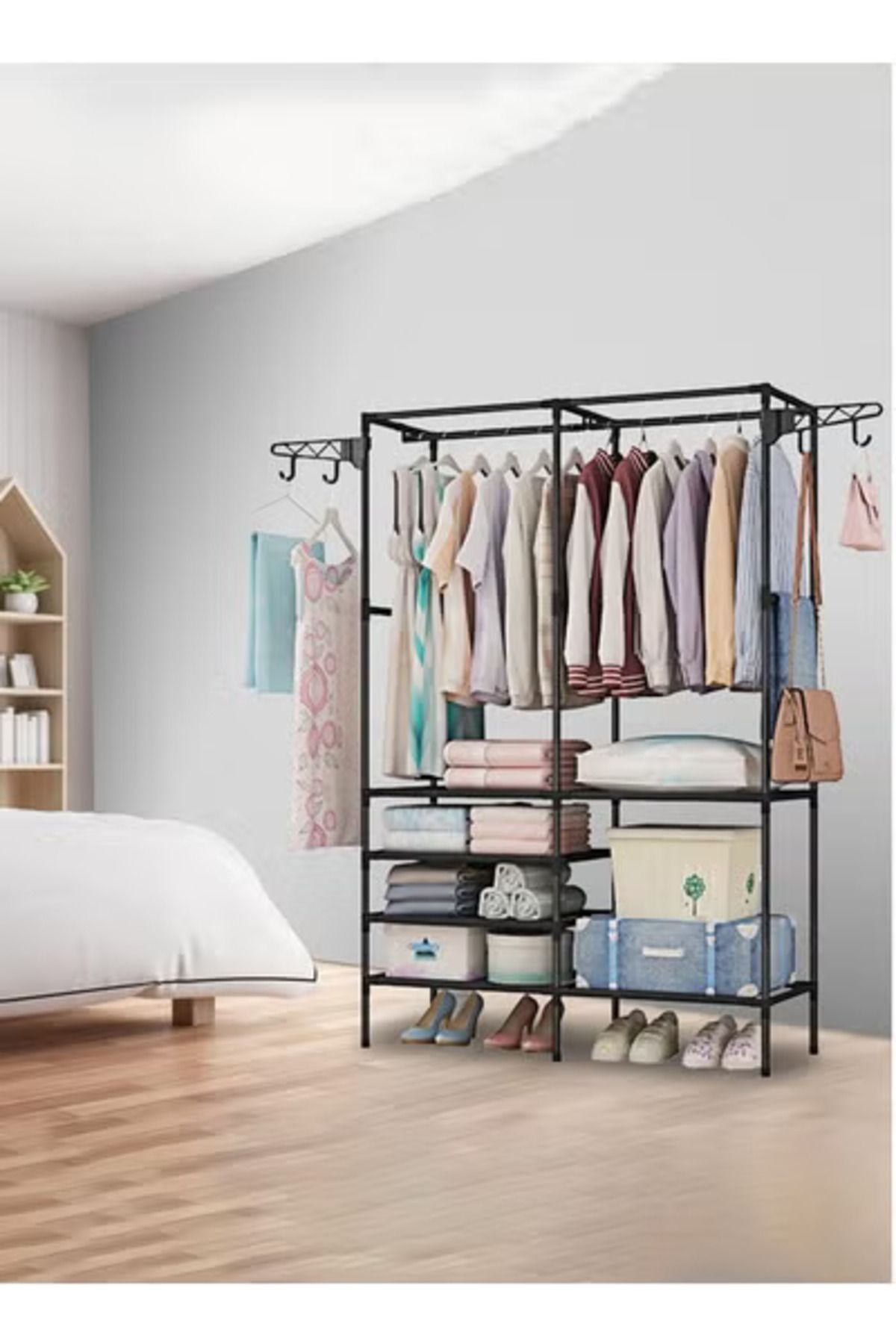 Taimi-Metal Clothes Organizer Multi-Functional With Two Sections And Poles For Hanging Clothes Black 3