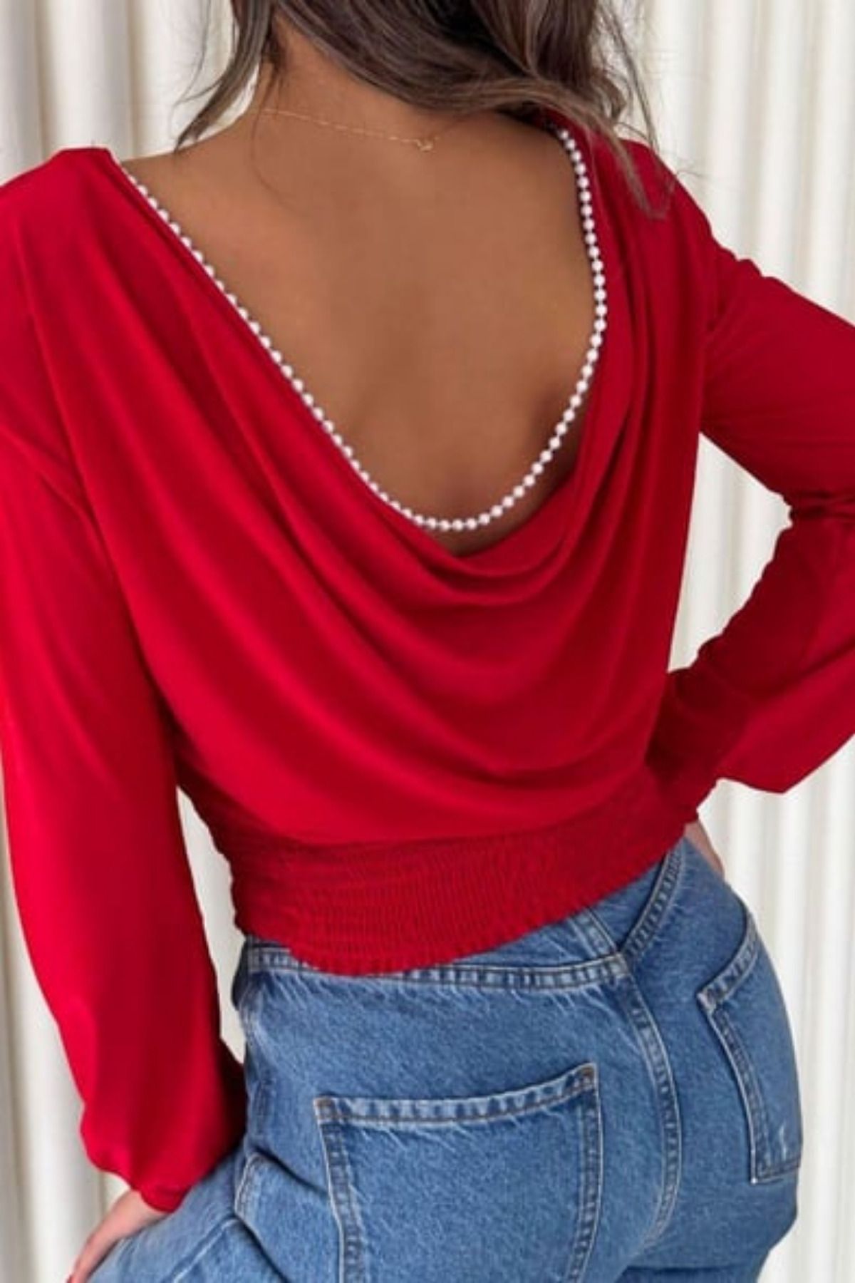 trendalisse-Women's Back Pearl Pendant Sandy Blouse 3