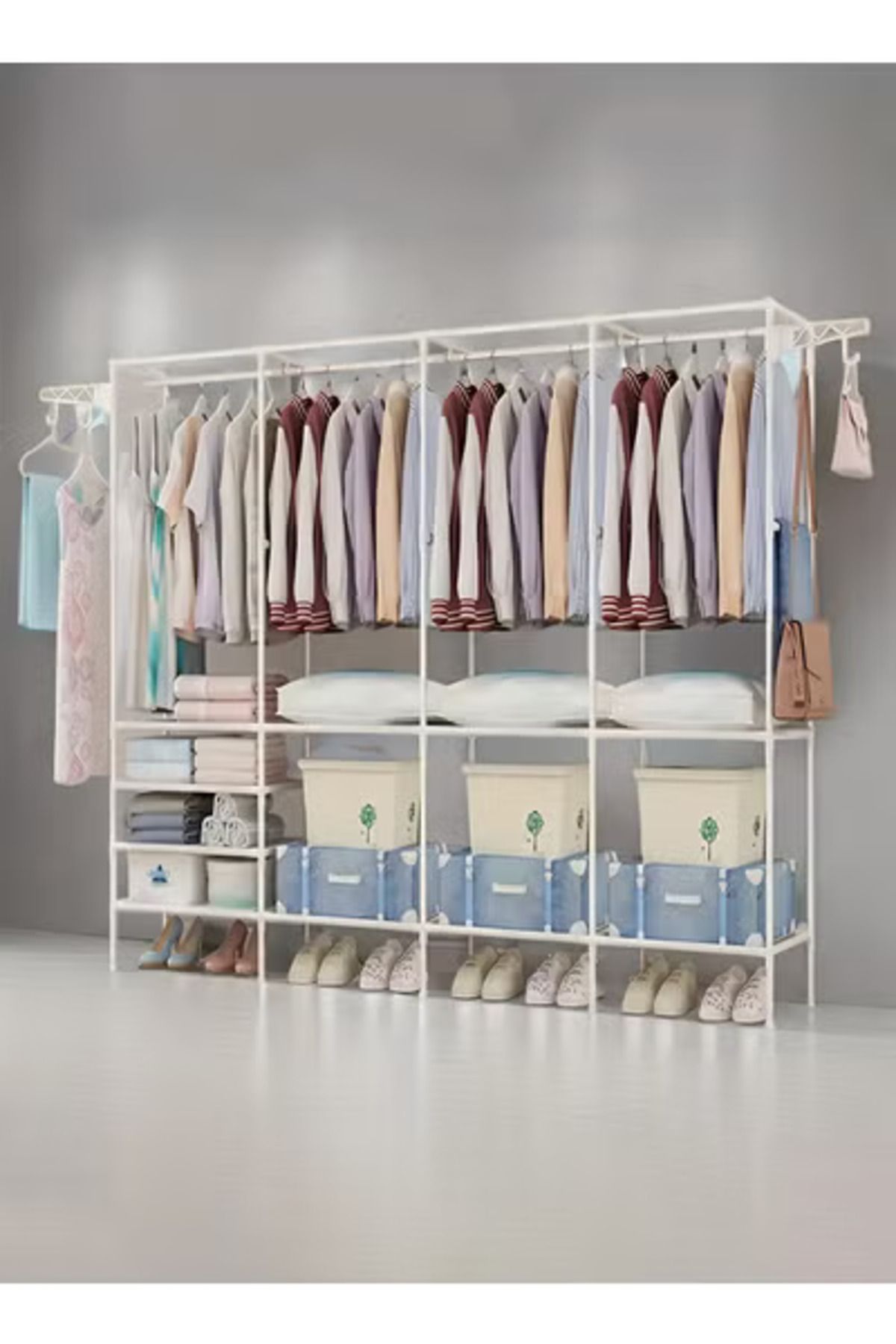 Taimi-Metal Clothes Organizer, Multi Functional With Four Sections And Poles For Hanging Clothes White 5