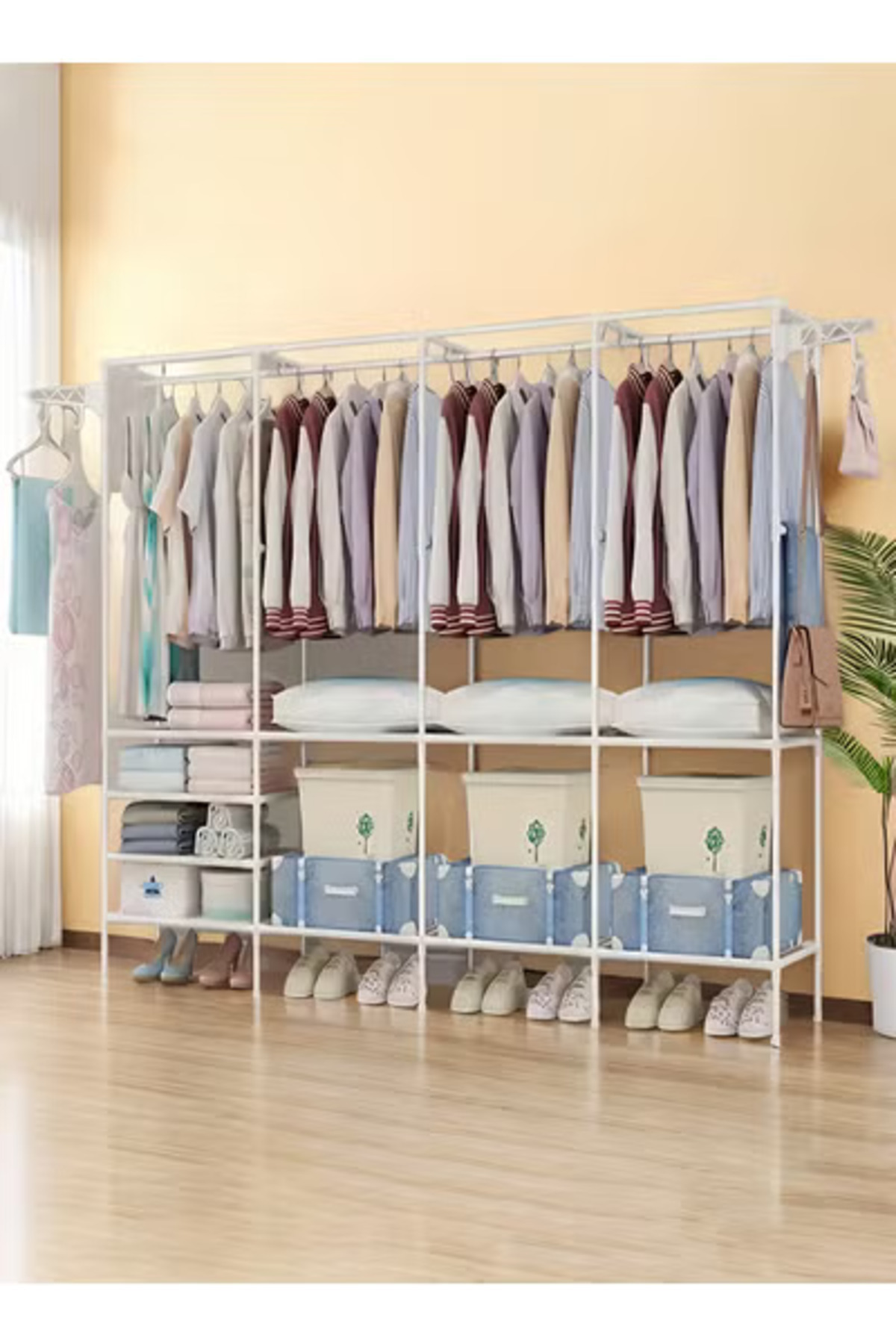 Taimi-Metal Clothes Organizer, Multi Functional With Four Sections And Poles For Hanging Clothes White 4