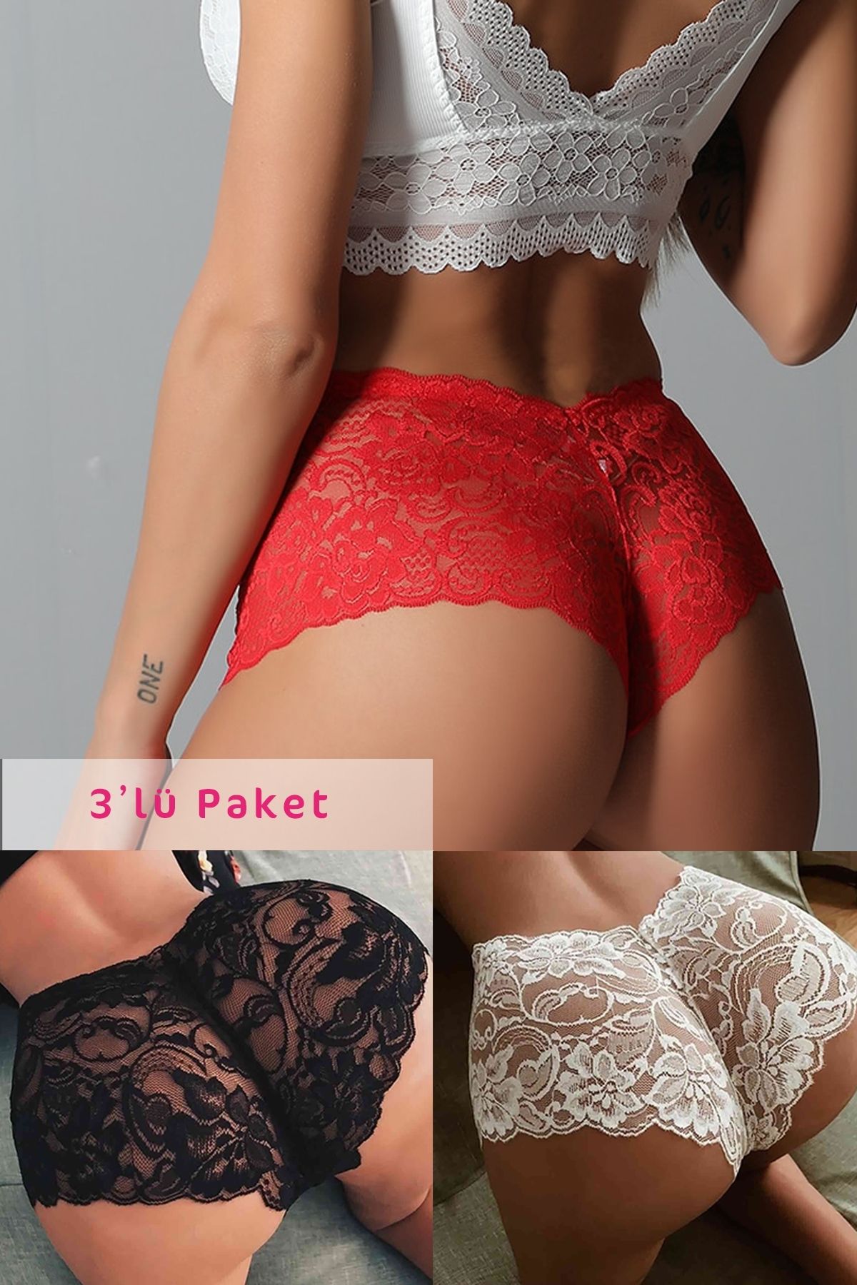 Miravm Kadın Siyah Beyaz Kırmızı 3'lü Paket Dantel Tanga Şort Külot