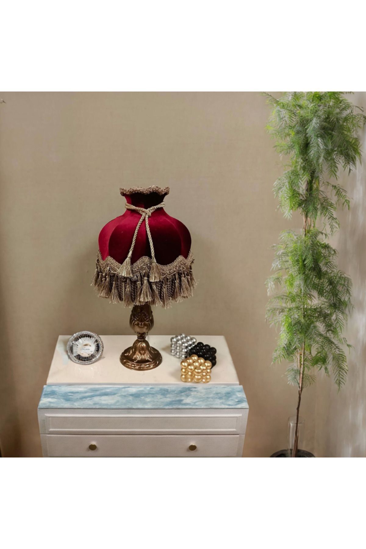 teknotrust Klasik Abajur Bordo Şapka Bronz Ayak 51cm.
