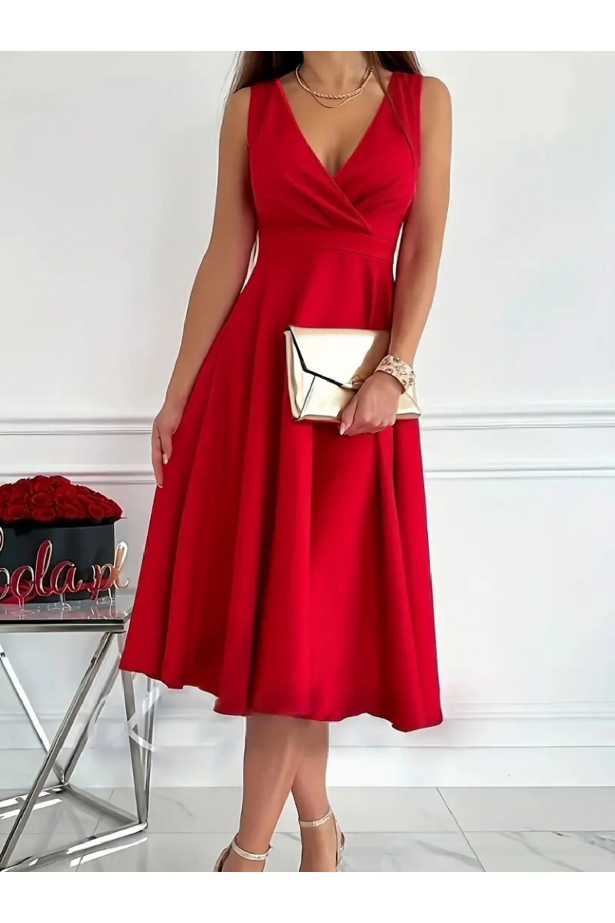 nedo7-Flared Sleeveless Mini Dress - Women's, Imported Crepe Fabric, Double Breasted Collar Skirt 2
