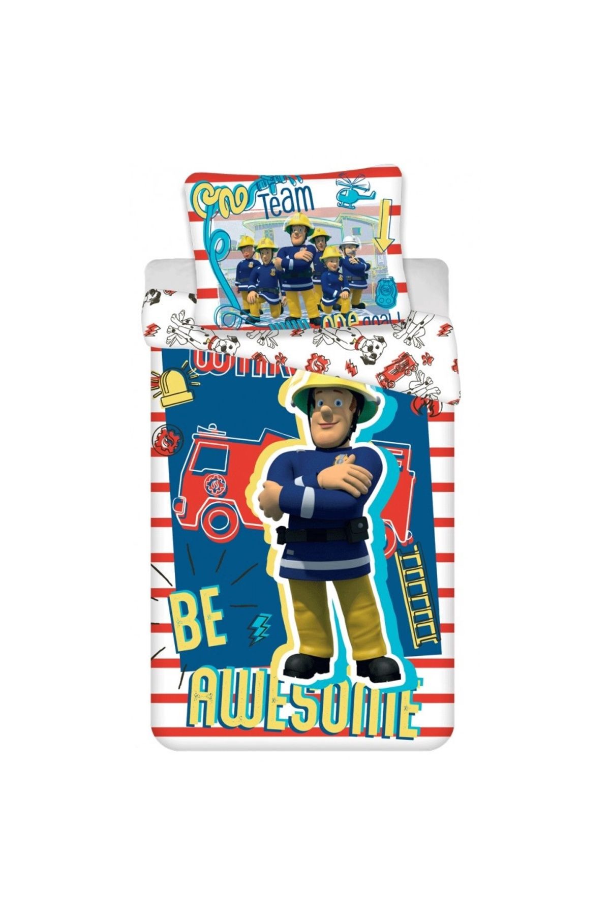Fireman Sam Set Lenjerie De Pat, Husa Pilota, 140x200 Cm, Husa Perna, 70x90 Cm, Multicolor, Pompierul Sam - One Size