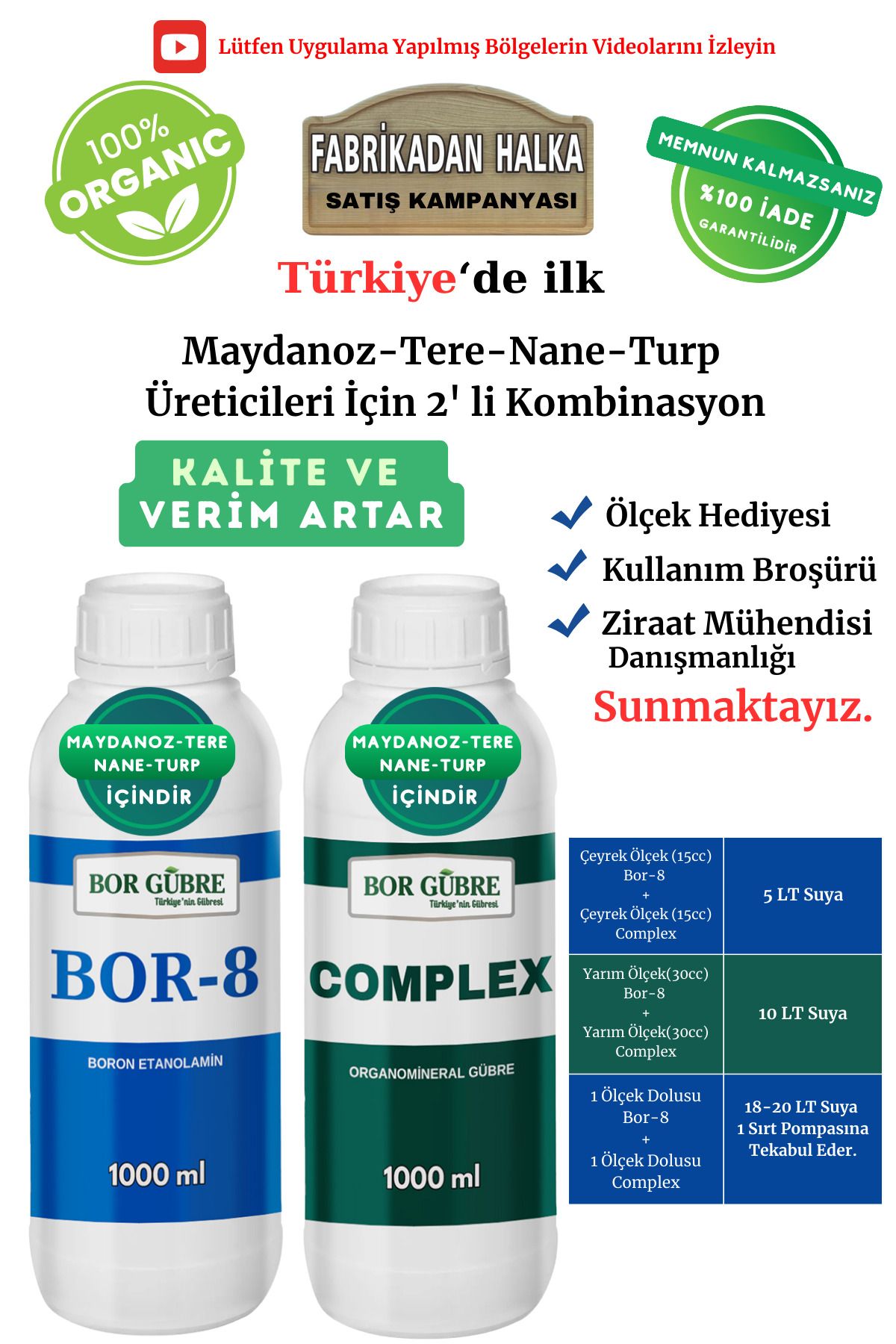 Bor Gübre Maydanoz, Tere, Nane, Turp İçin (Complex-1Lt ve Bor-8 1Lt) Organik Sıvı Gübre-Kalite ve Verim Artar.