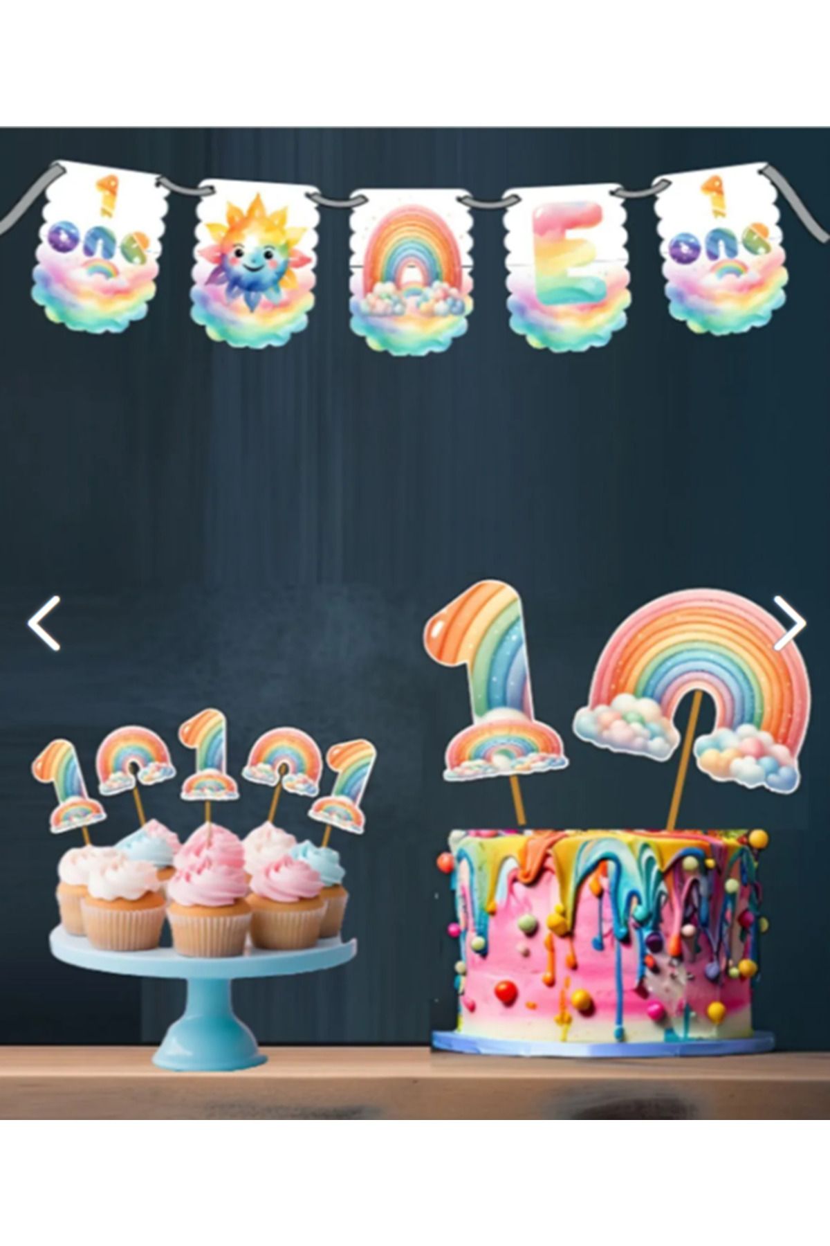 Hiras Dizayn 1 Yaş Doğum Günü Süsü Banner + Pasta Süsü + Cupcake Kürdani Gökkuşağı Temalı 3 Lü Set One