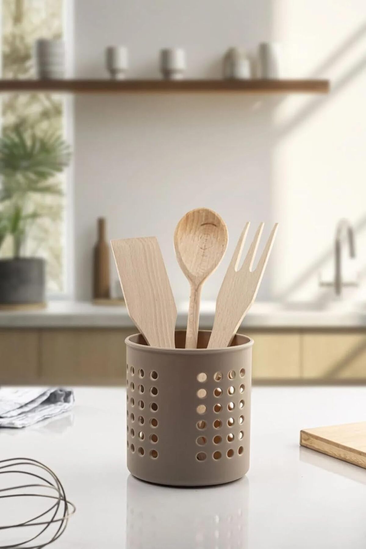 KDROĞLU KDROGLU Plastik Silindir Dik Kaşıklık & Tezgah Üstü Düzenleyici & Servis Standı (Bej)