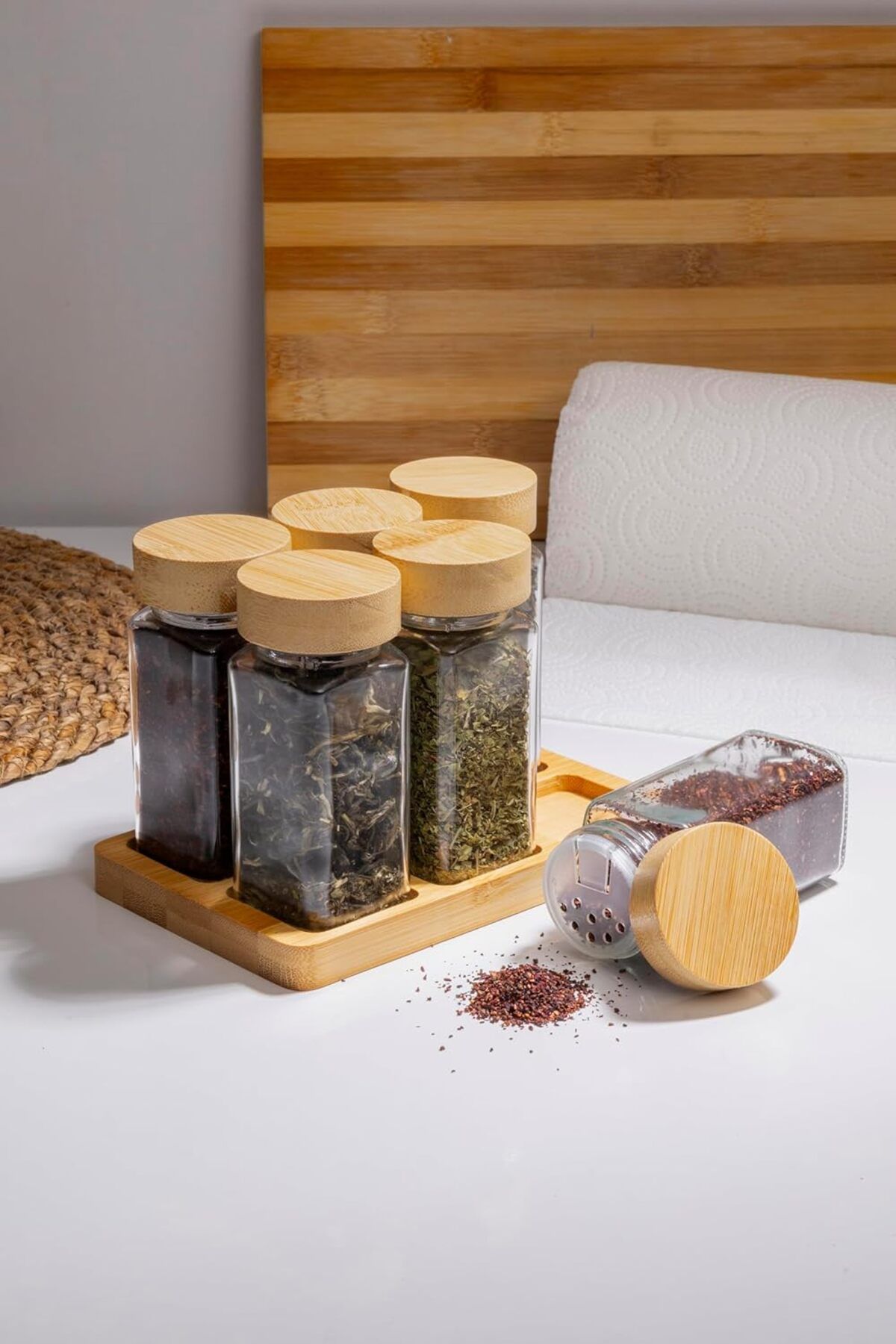 KDROĞLU KDROGLU Doğal Bambu Kapaklı 6'lı Cam Baharatlık Seti Vakumlu Kapak Ve Ahşap Stand New Desing 11
