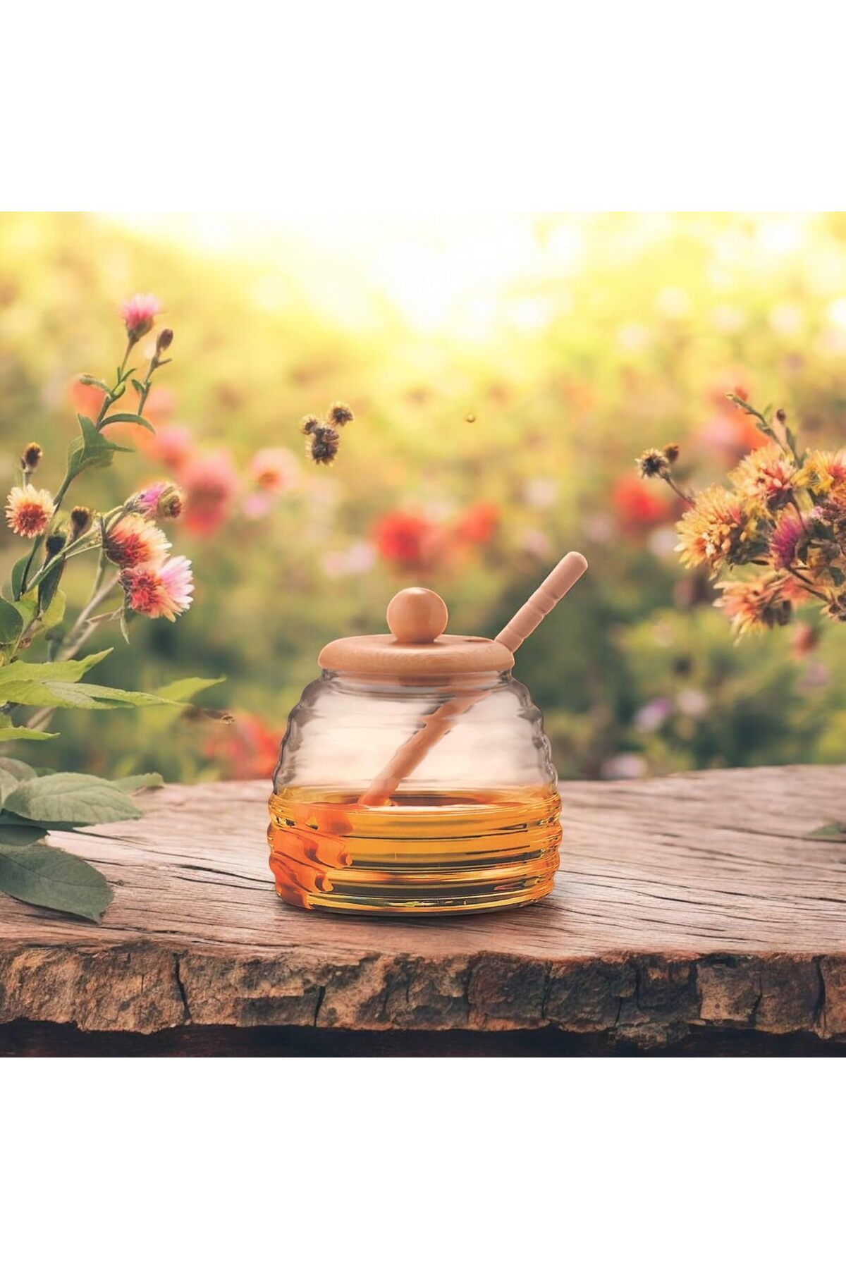 KDROĞLU plamystical Bambu Kapaklı Cam Bal Kavanozu – 420ml | Kaşıklı & Şık Sunum Kavanozu | Doğ