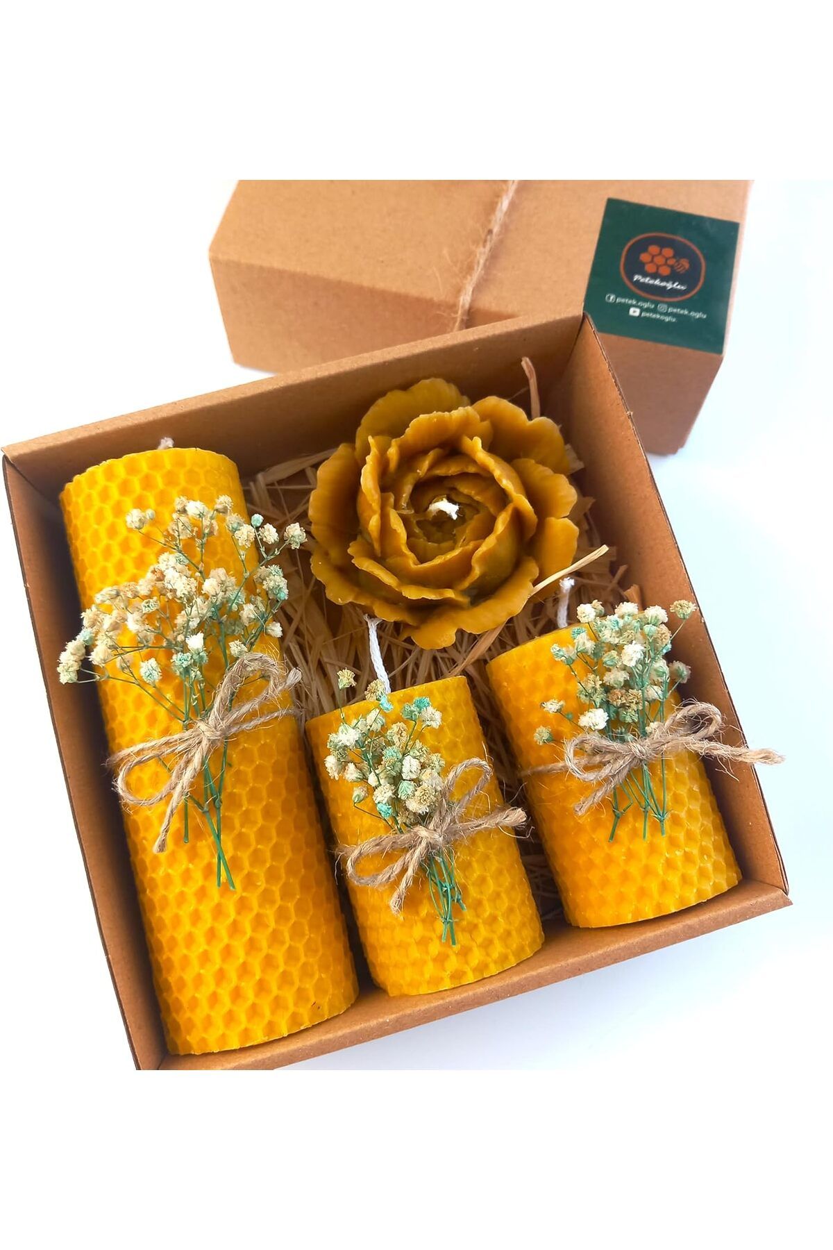 KDROĞLU plamystical Balmumu Mum Dekoratif Hediye Kutusu 4 Lü Set Doğal Petek Beeswax Candle Açmış Gül