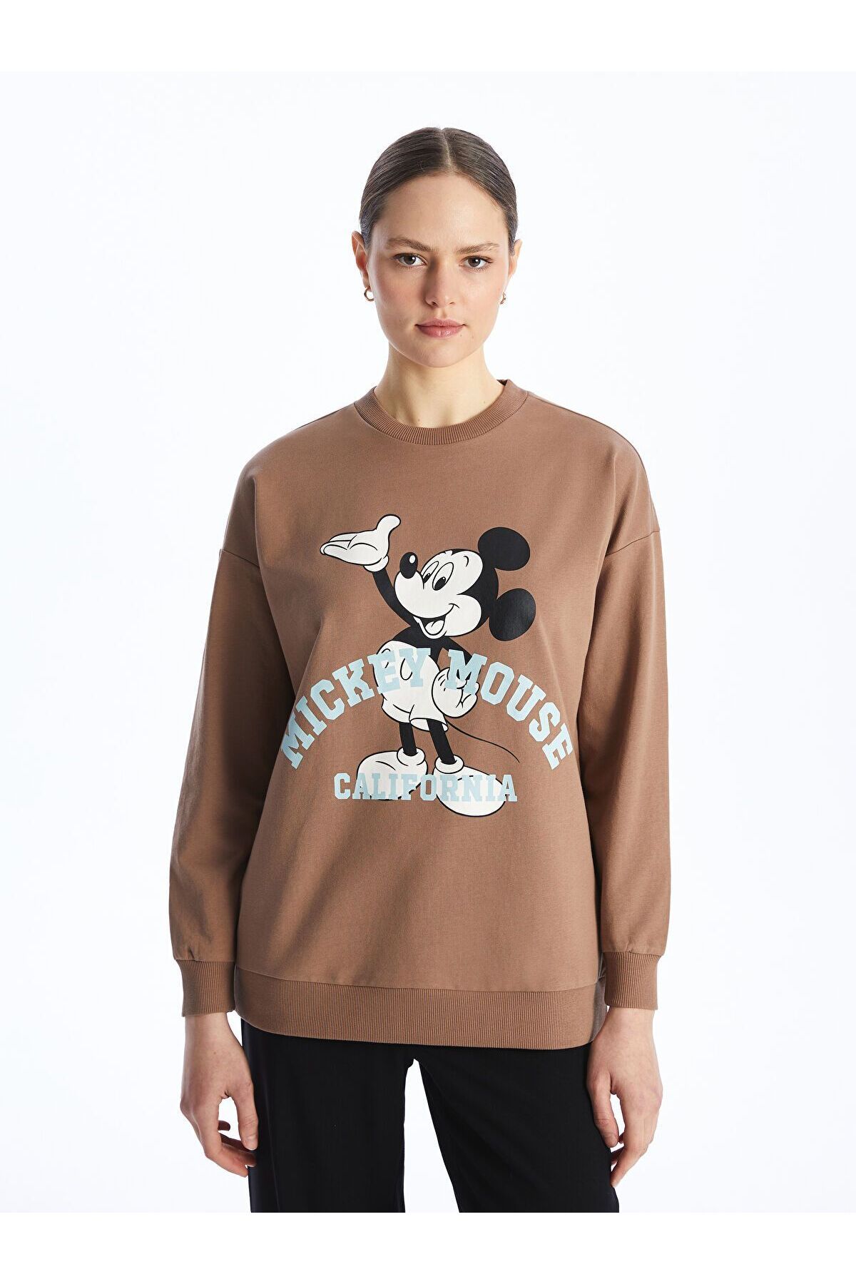 LC Waikiki Bisiklet Yaka Mickey Mouse Baskılı Kadın Sweatshirt Tunik