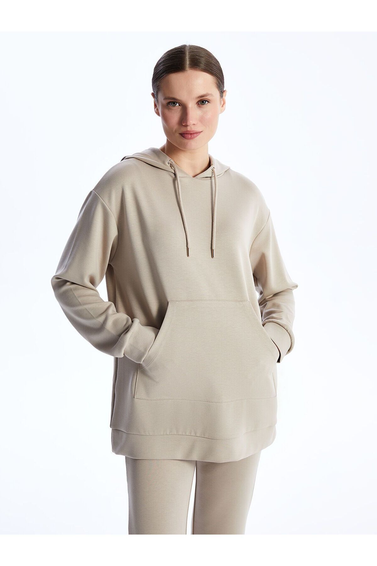 LC Waikiki Kapüşonlu Düz Uzun Kollu Oversize Kadın Tunik