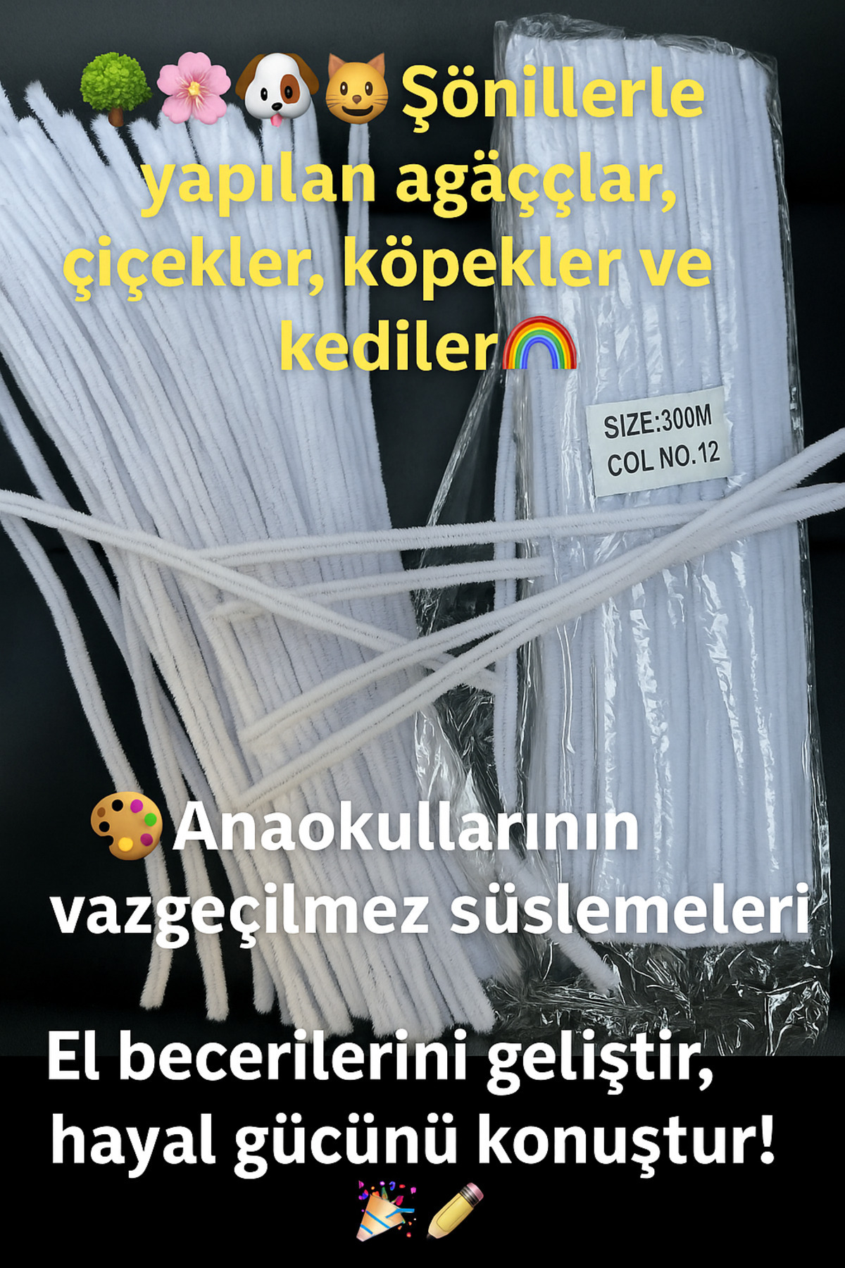 KARAASLAN Tekstil 30 Cm Beyaz Şönil Tüylü Hobi Çubuğu - 100'lü Paket(CHENİLLE)