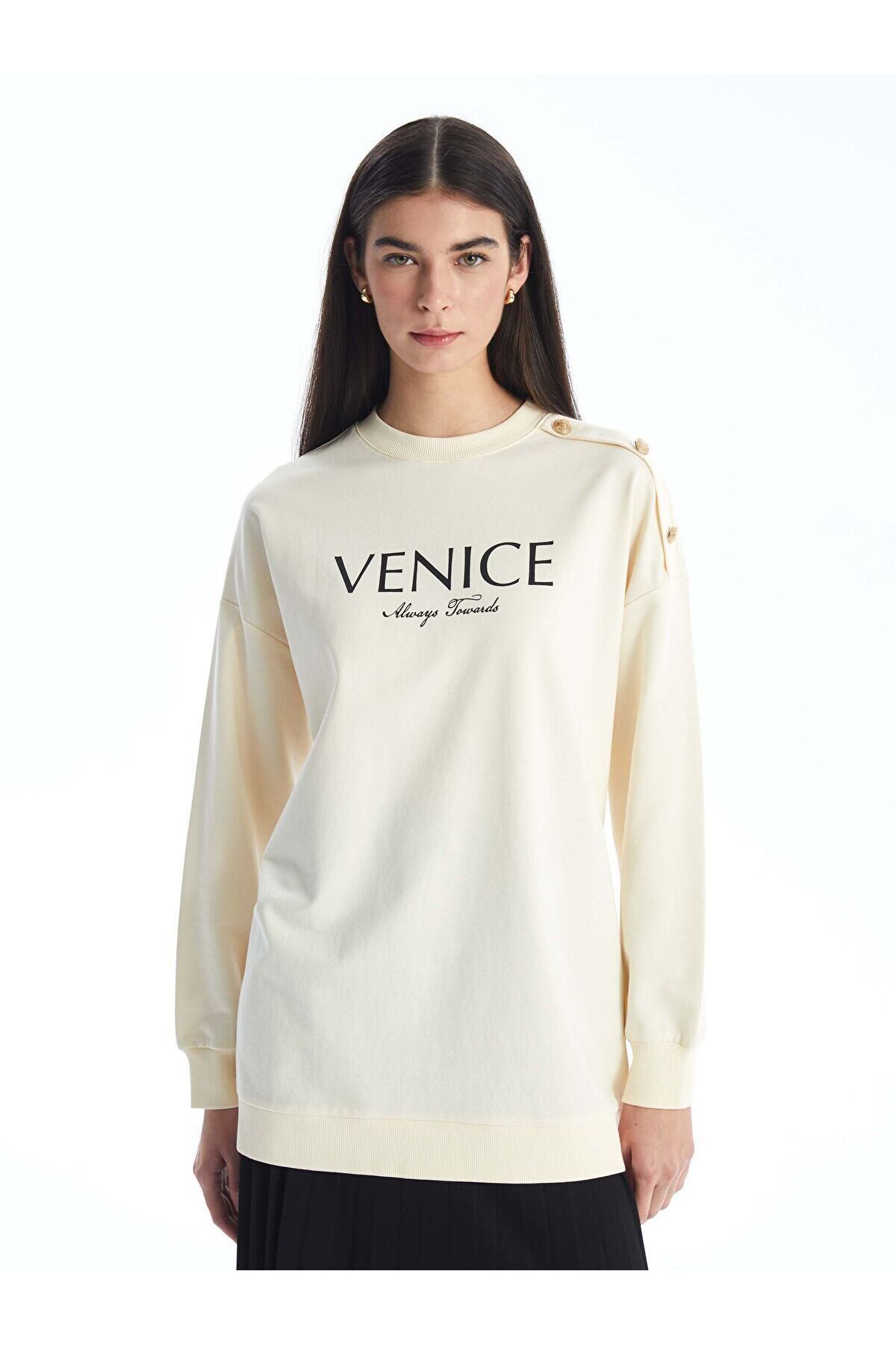 LC Waikiki Bisiklet Yaka Baskılı Oversize Kadın Sweatshirt Tunik