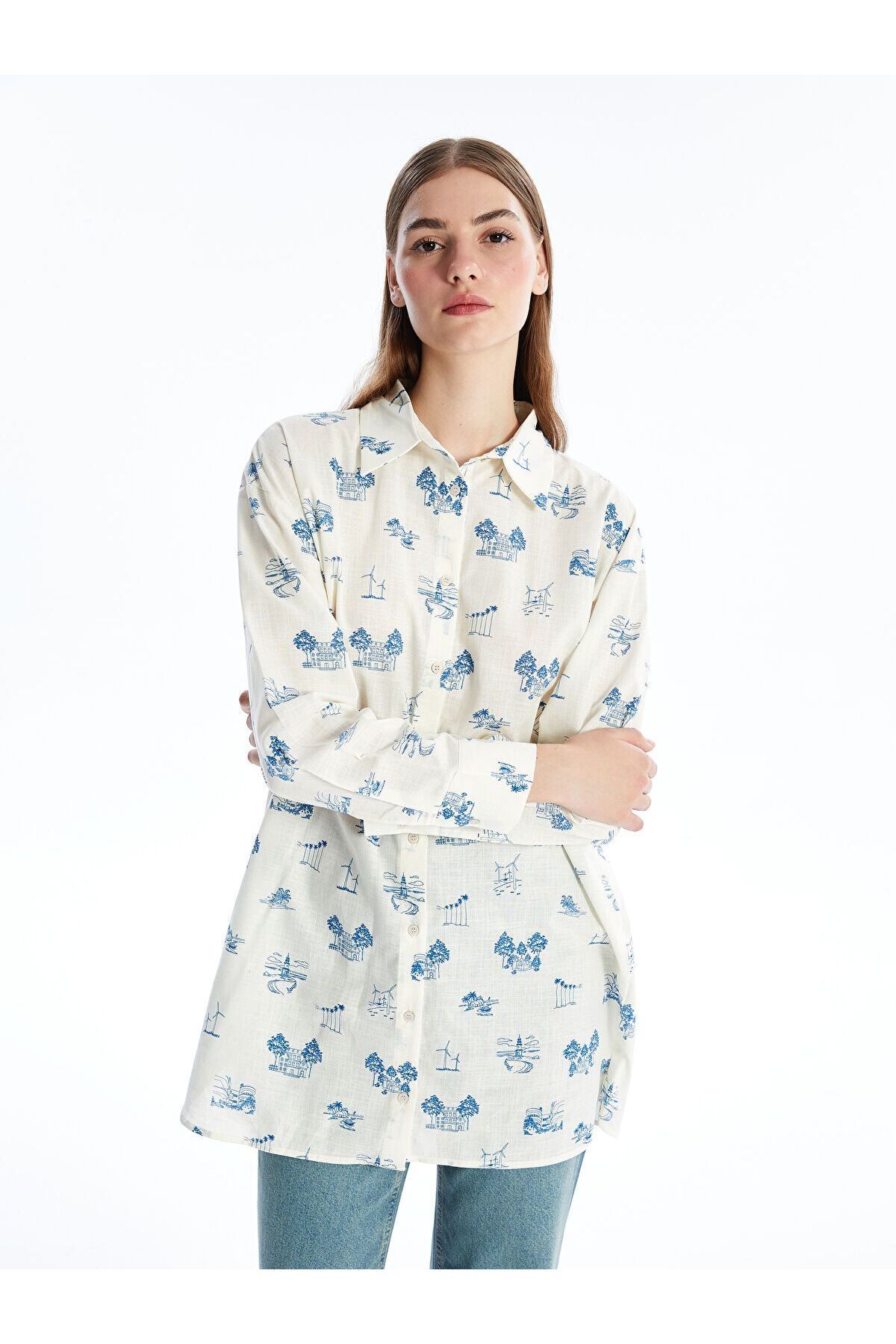 LC Waikiki Desenli Uzun Kollu Oversize Kadın Gömlek Tunik