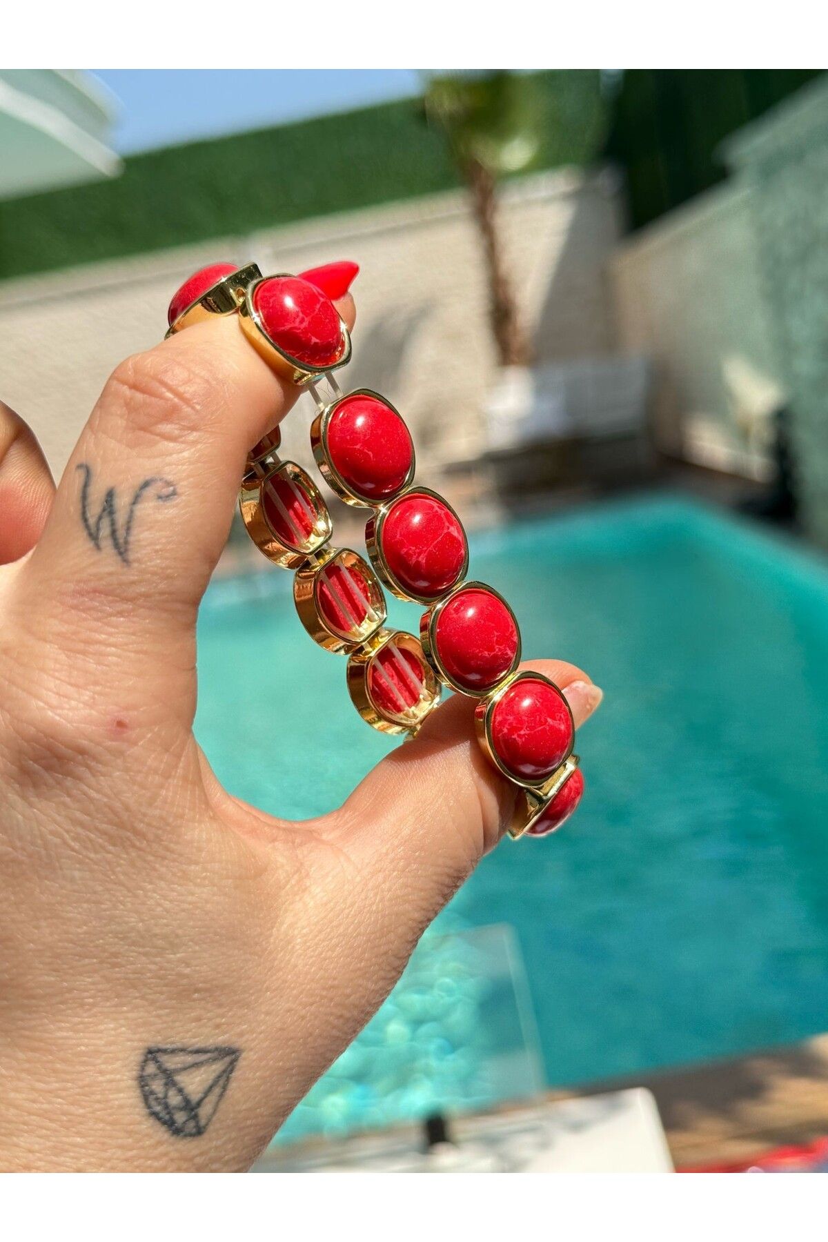 MyladyAccessoriess-Special Series Opal Stone and Rubber Detailed Brass Plated Bracelet Red 6