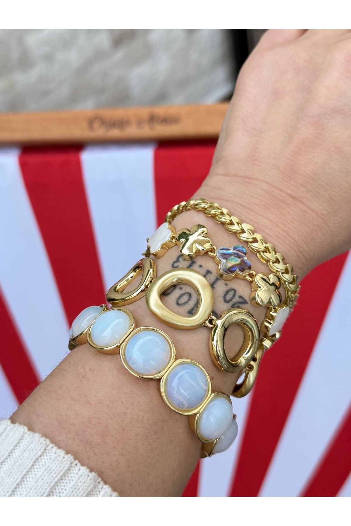 MyladyAccessoriess-Special Series Opal Stone and Rubber Detailed Brass Plated Bracelet Red 2