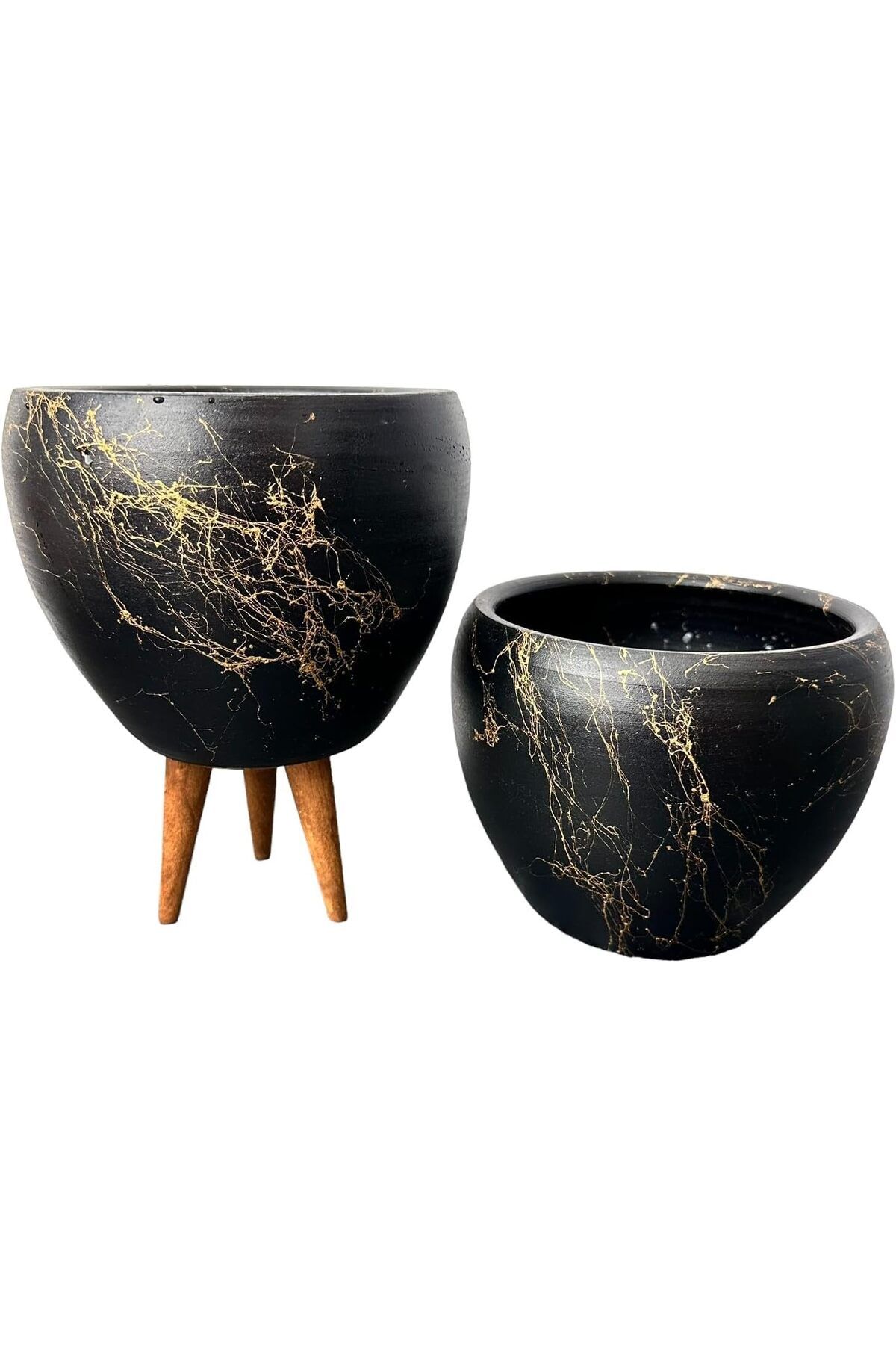 STOREMAX Sbl Tasarımı Ev Dekorasyon Siyah Üzeri Gold Mermer Efektli Toprak Saksı Saksılık Salon Çiçek