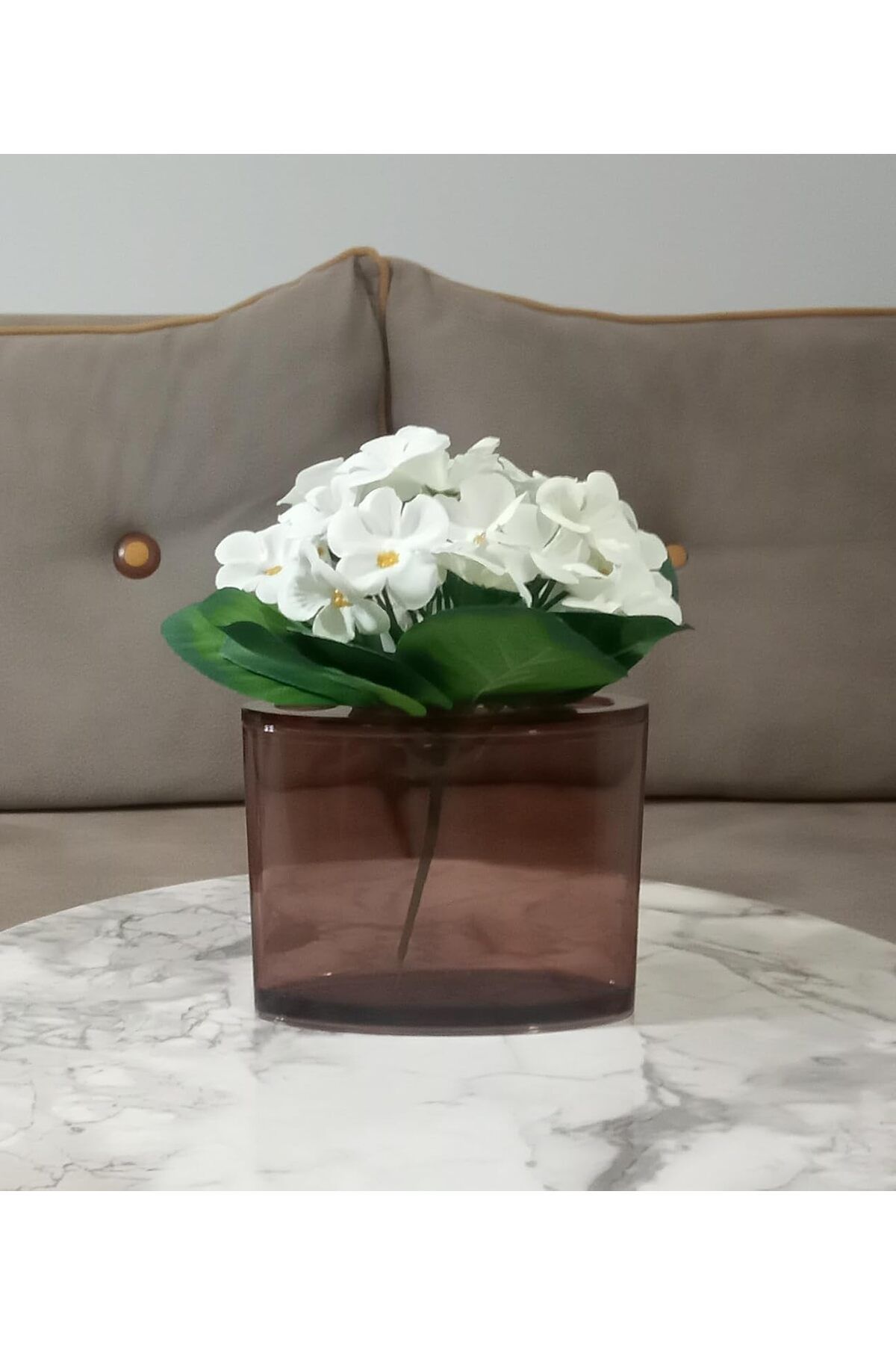 STOREMAX OZN DAHİL,VAZO DAHİL,VAZODA ÇİÇEK,BEYAZ YAPAY ÇİÇEK,VAZO DEKORATİF OVAL KAHVERENGİ 13X5X15