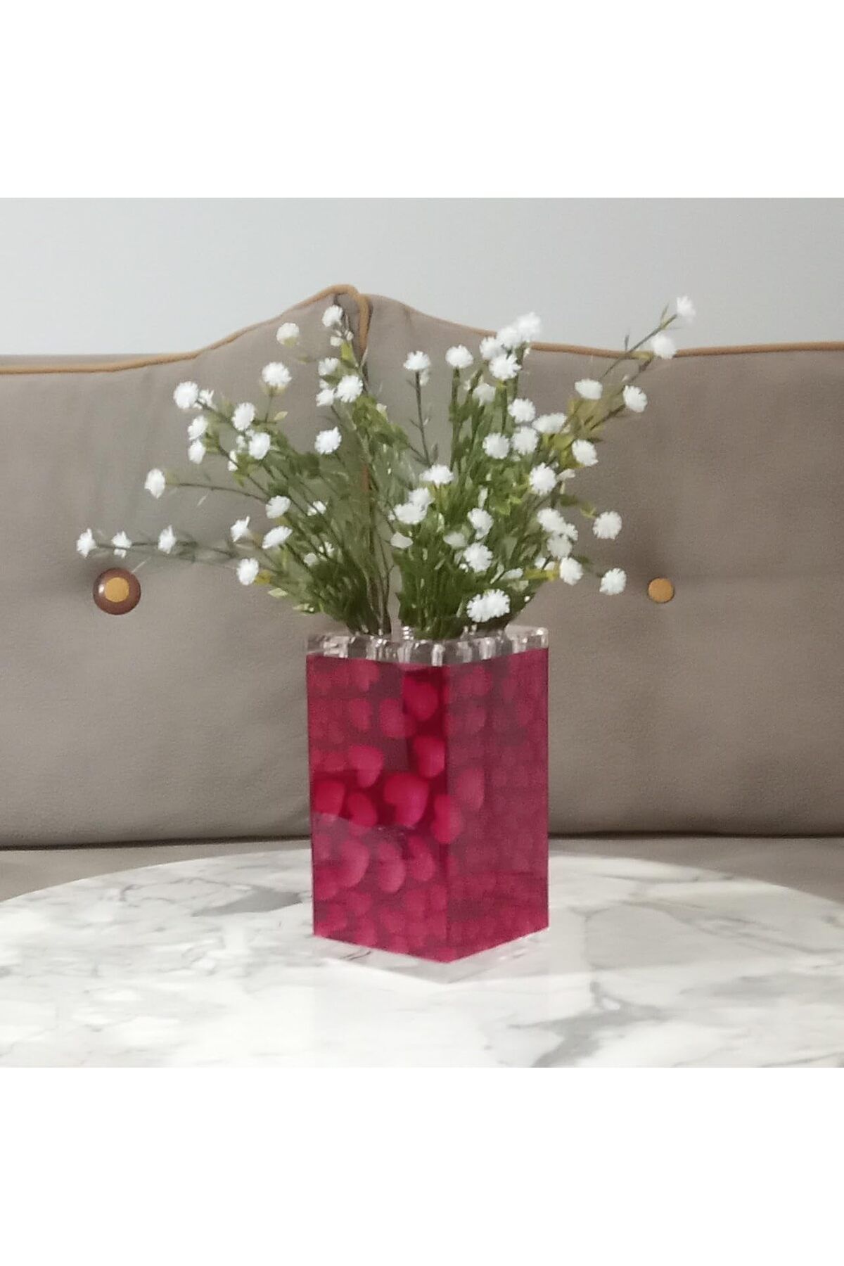 STOREMAX SRT DAHİL,VAZO DAHİL,VAZODA ÇİÇEK,BEYAZ YAPAY ÇİÇEK,VAZO DEKORATİF KALPLİ 7X7X17CM FxYM 11