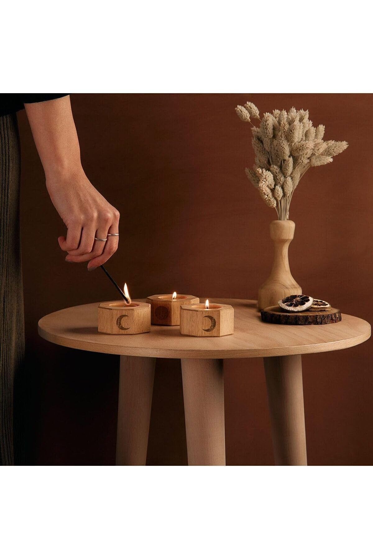 Mu Art Ahşap Mrt Floral Ay Tasarımlı 3'Lü Ahşap Mumluk Art 871301