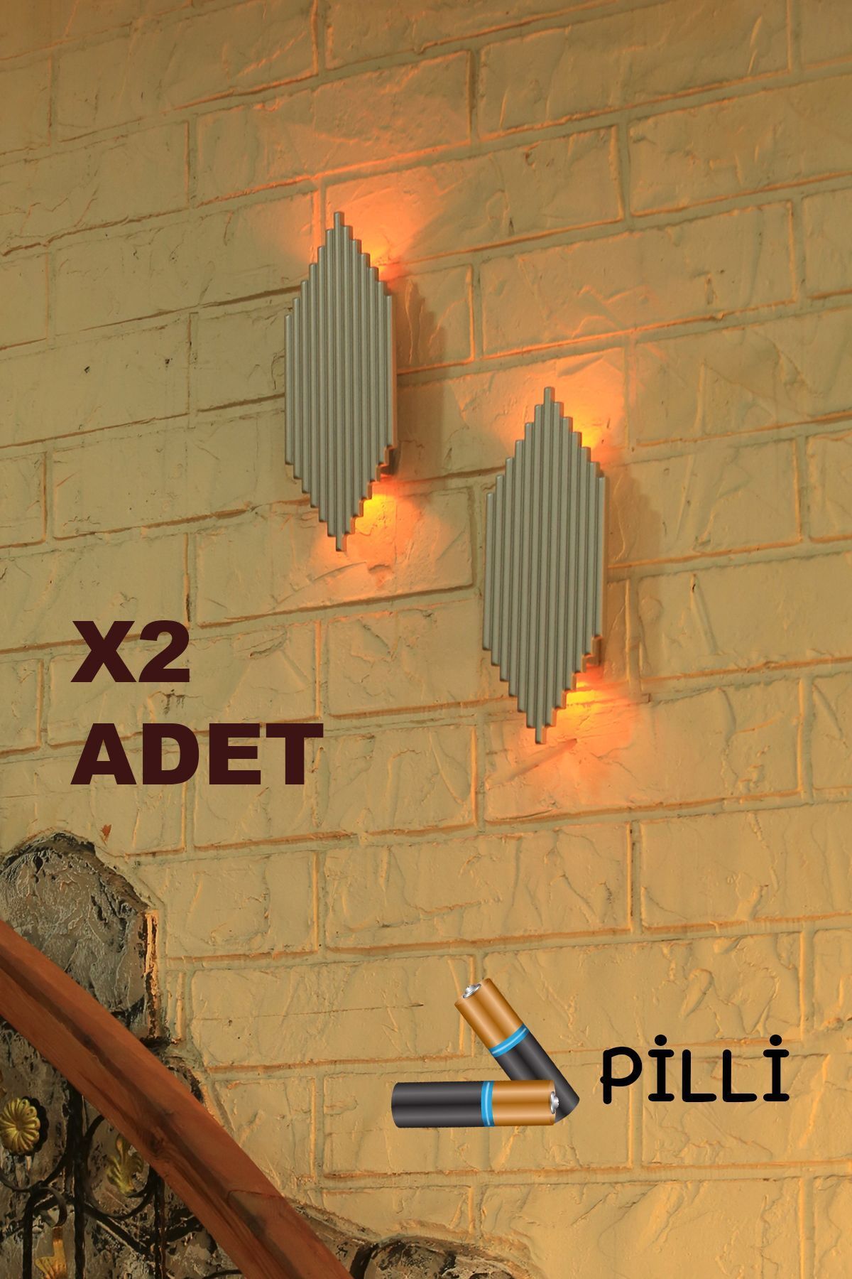 SerenityHaven 2 Adet Pilli Modern Dekoratif Duvar Aydınlatması Aplik Gece Lambası Gümüş (AMBER IŞIK)