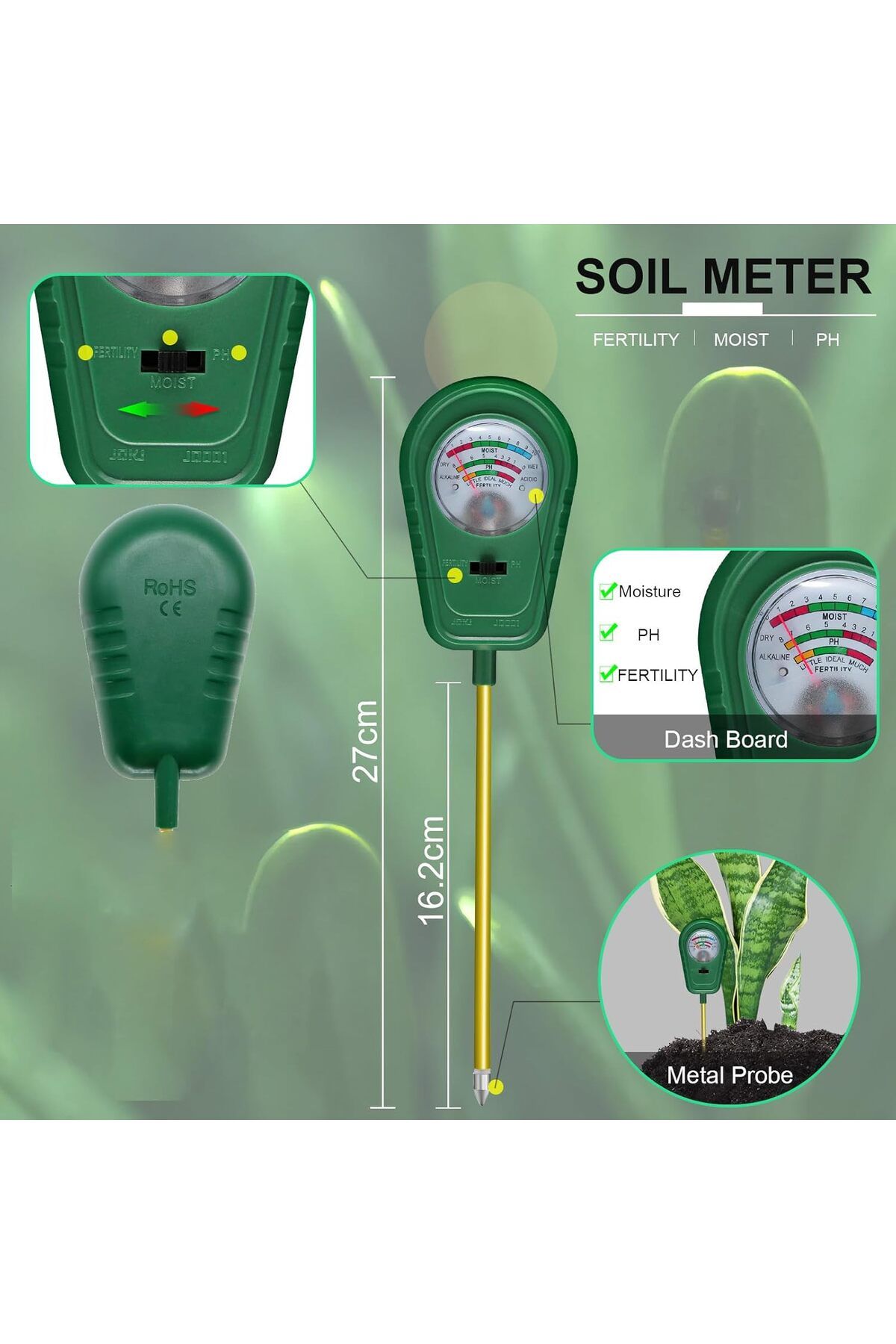 COOYA-3-in-1 Soil Test Kit,Clear Reading,Rotatable Display,Metal probes,Fast & Accurate for Garden,Farm 4