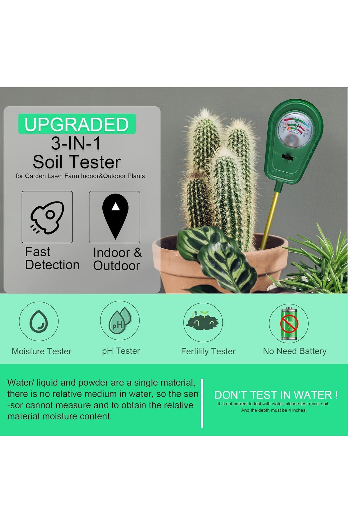 COOYA-3-in-1 Soil Test Kit,Clear Reading,Rotatable Display,Metal probes,Fast & Accurate for Garden,Farm 2