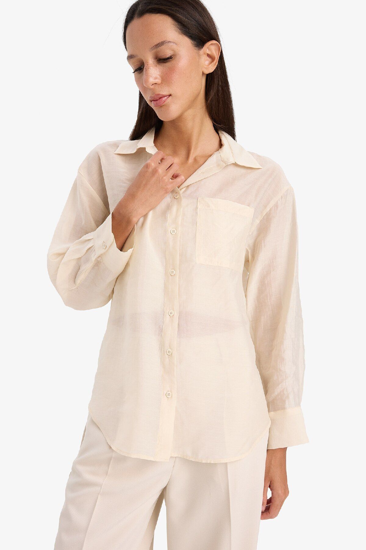 Oversize Geniş Kalıp Basic Düz Modal Uzun Kollu Gömlek E3866ax25sp - 3