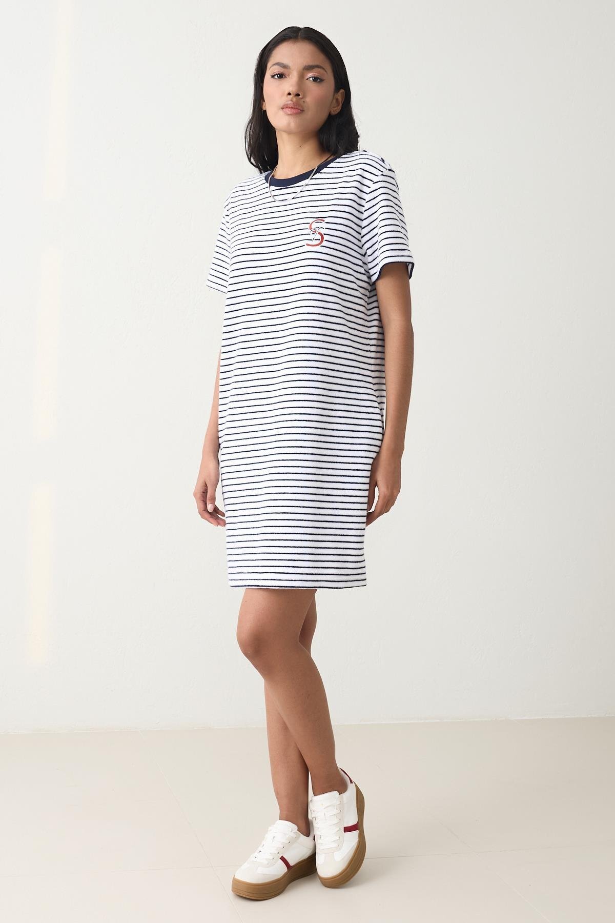 Setre-Ecru - Navy Blue Collar Embroidery and Towel Fabric Detailed Striped Crew Neck Short Sleeve Dress 2