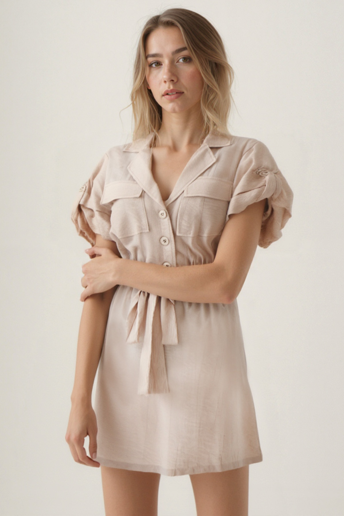 Vitrin-Tie Waist Cover Pocket Short Sleeve Crinkle Fabric Dress 4