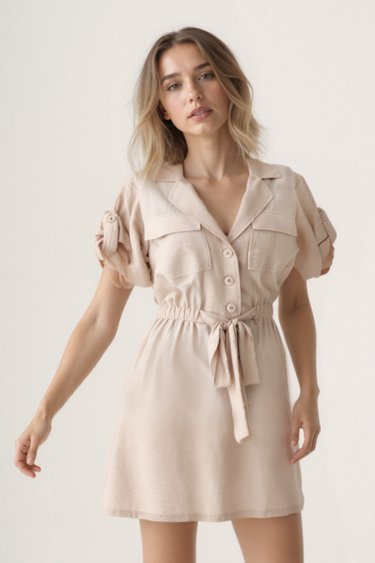 Vitrin-Tie Waist Cover Pocket Short Sleeve Crinkle Fabric Dress 3