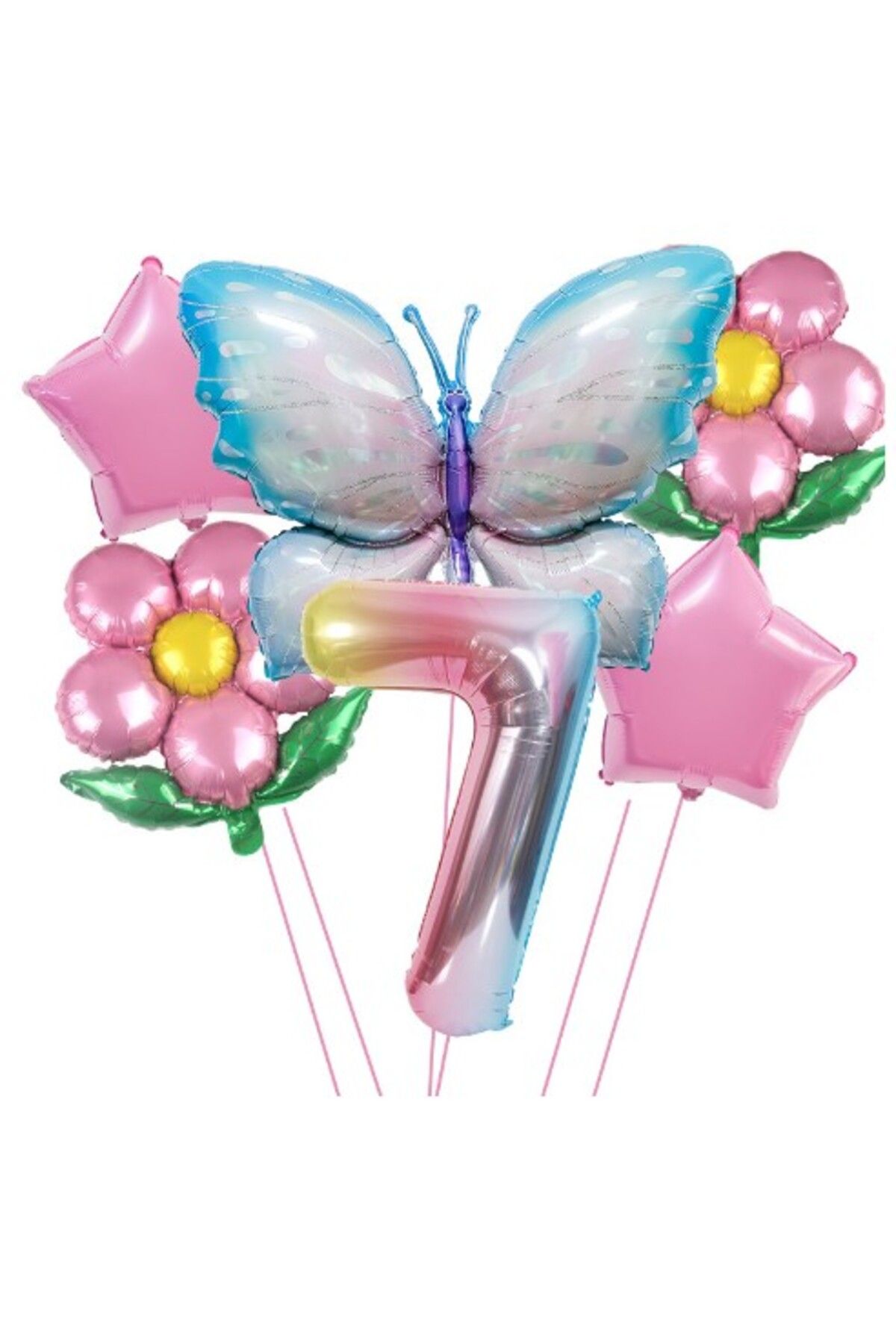 Flippy Baloane Aniversare Cifra 7, Din Folie De Aluminiu 2 Flori, 2 Stelute, 1 Fluture, 1 Cifra, Multicolor - One Size