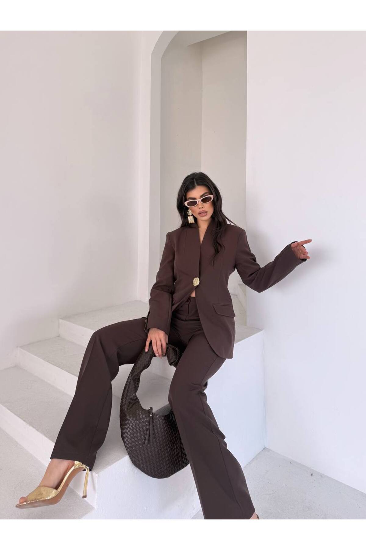 Bella Breeze Kadın Gold Kurabiye Düğmeli Blazer Ceket Palazzo Pantolon Takım Elbise