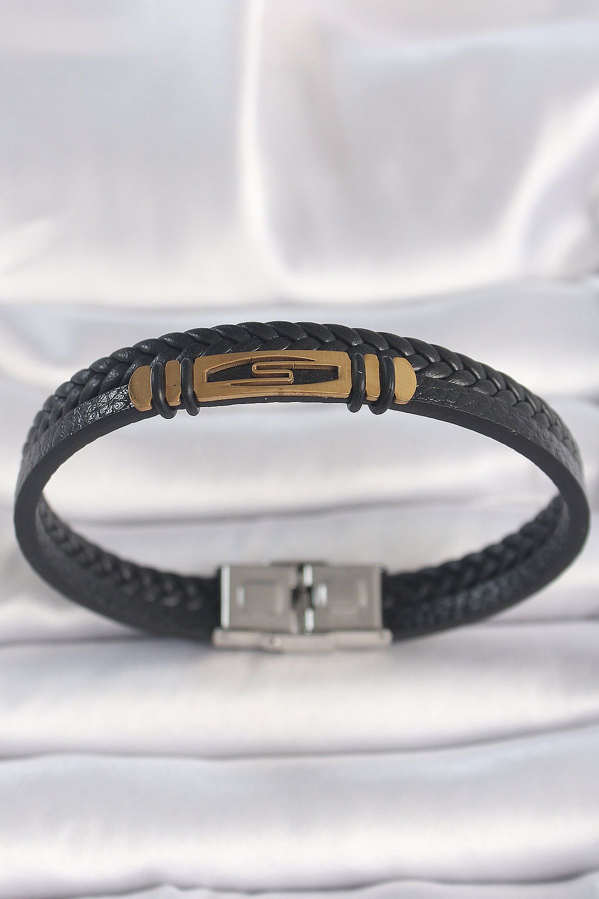 STİLLOVE 316L Çelik Gold Renk Aksesuarlı Çift Sıra Siyah Burgu Desenli Deri Kordon Erkek Bileklik SL10920